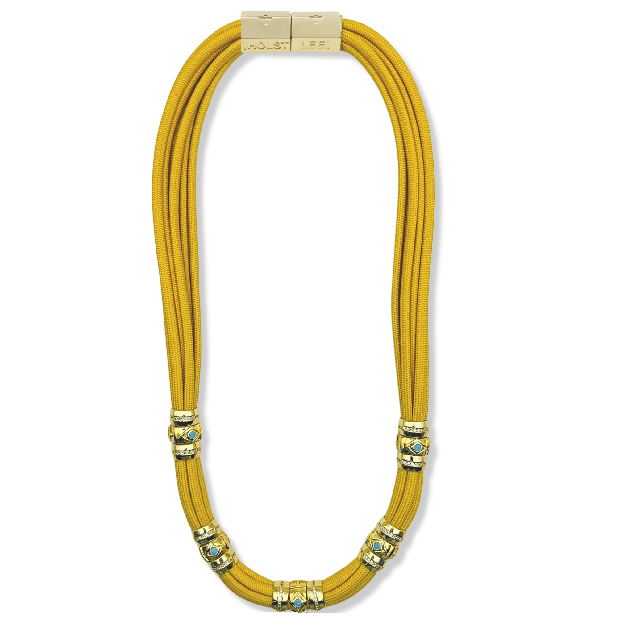 Yellow paracord necklace with turquoise evil eye ferrule accents and gold magnetic clasped necklace by HOLST+LEE