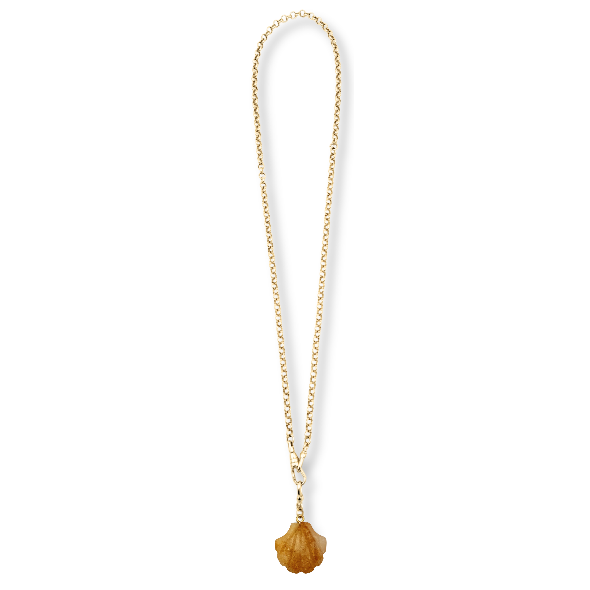 Gold rolo chain necklace with carved tan agate shell pendant by HOLST+LEE