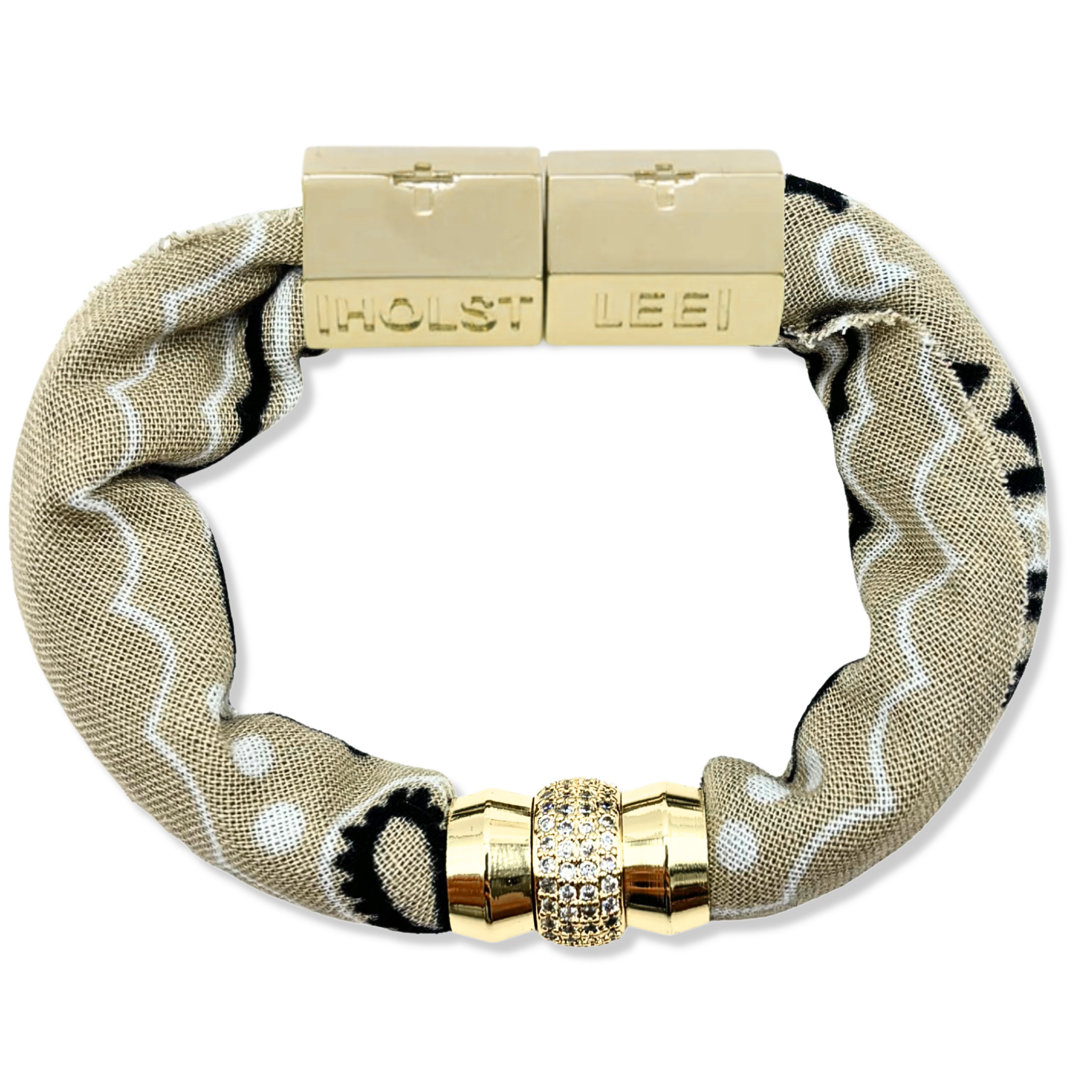 Tan bandana print fabric bracelet with 18K gold-filled magnetic clasped bracelet and pavé crystal ferrule by HOLST+LEE