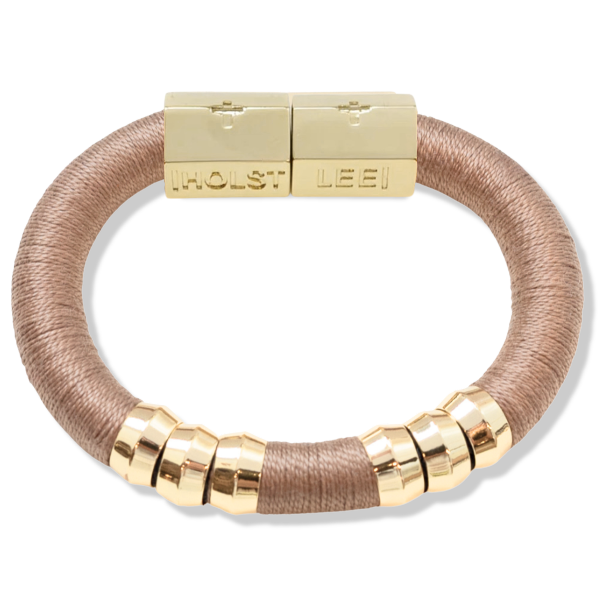 Tan thread wrapped bracelet with 18K gold-filled magnetic clasped bracelet and gold ferrule accents by HOLST+LEE