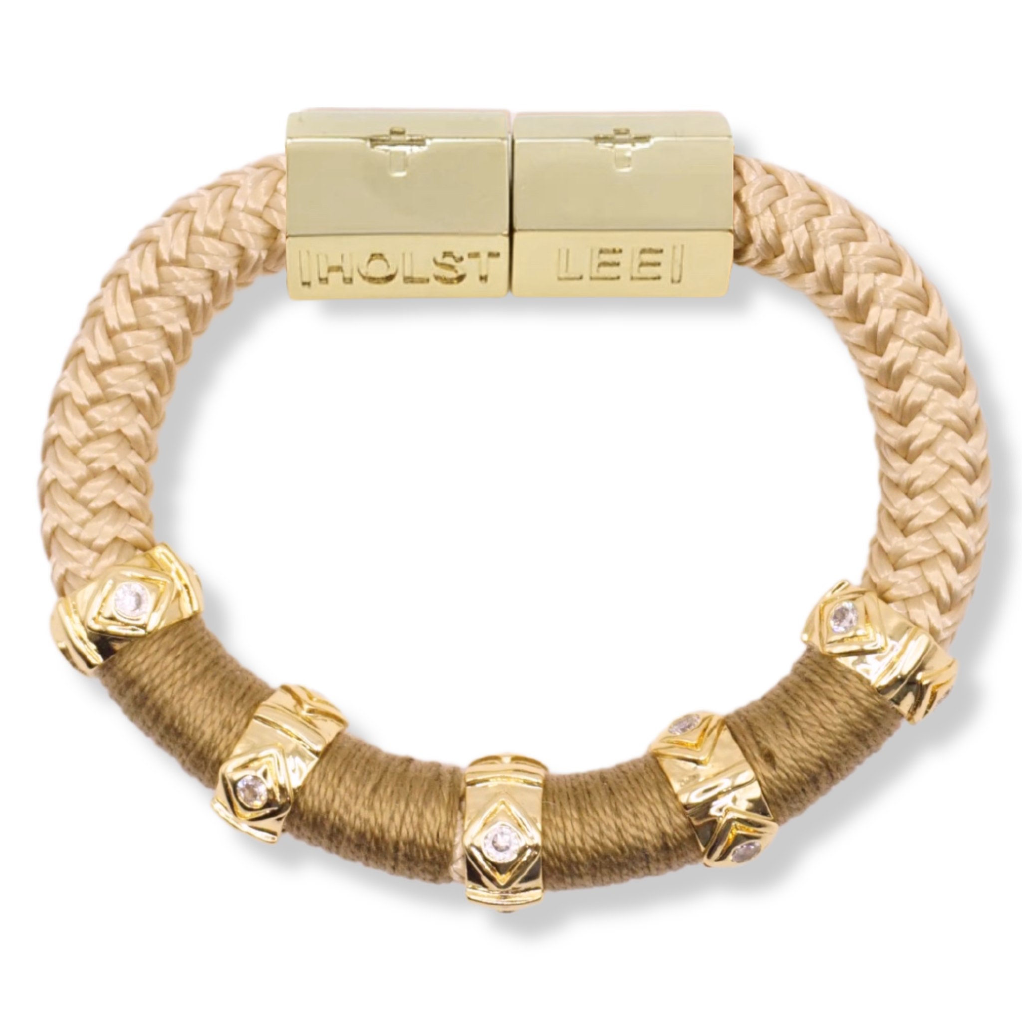 Tan braided rope bracelet with 18K gold-filled evil eye ferrule accents and gold magnetic clasped bracelet by HOLST+LEE