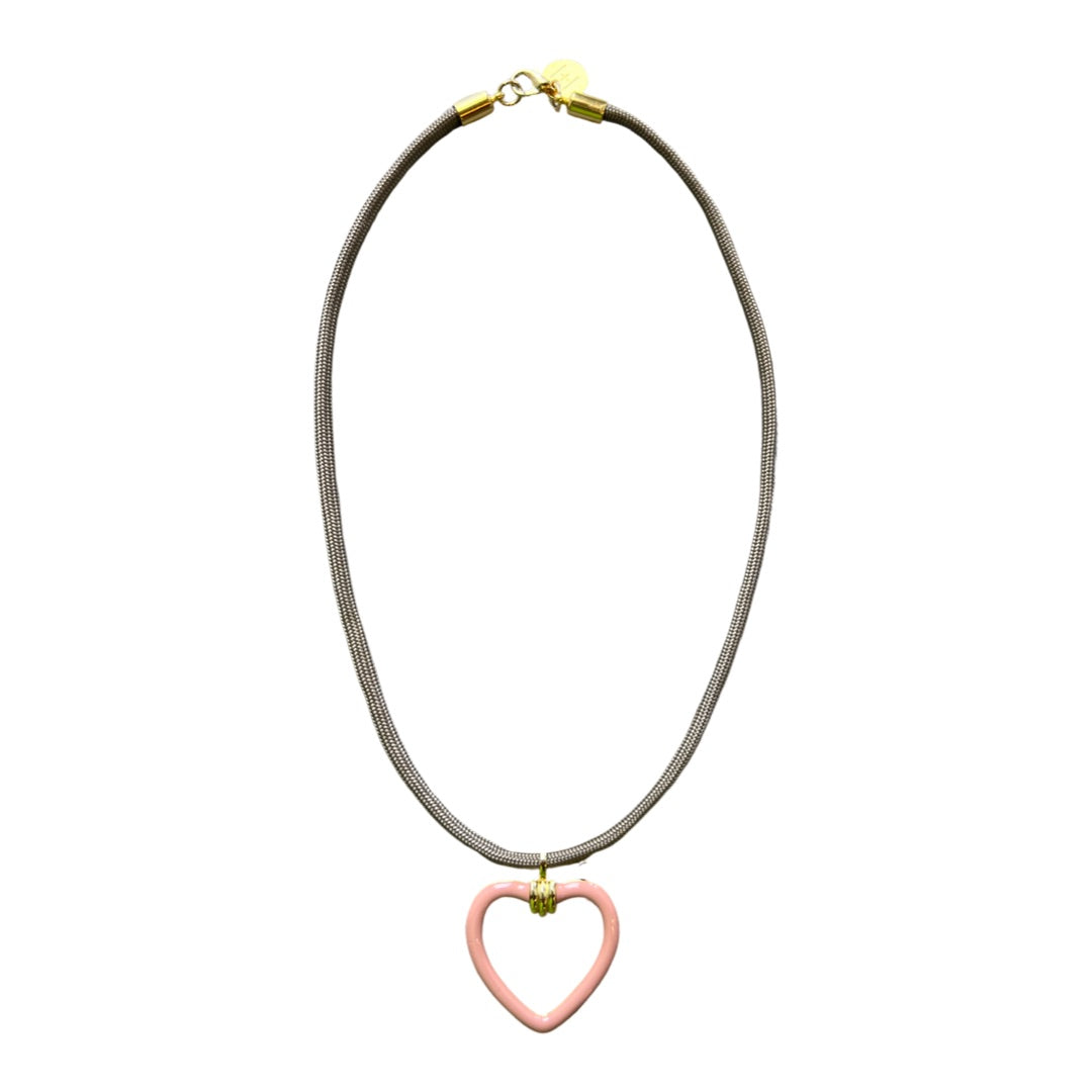 Tan colored paracord necklace with  gold-filled and pink enamel heart-shaped charm by HOLST+LEE