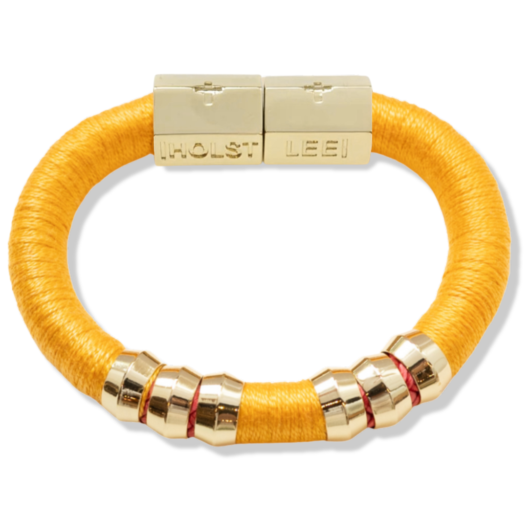 Tangerine orange thread wrapped bracelet with 18K gold-filled magnetic clasped bracelet and gold ferrule accents by HOLST+LEE
