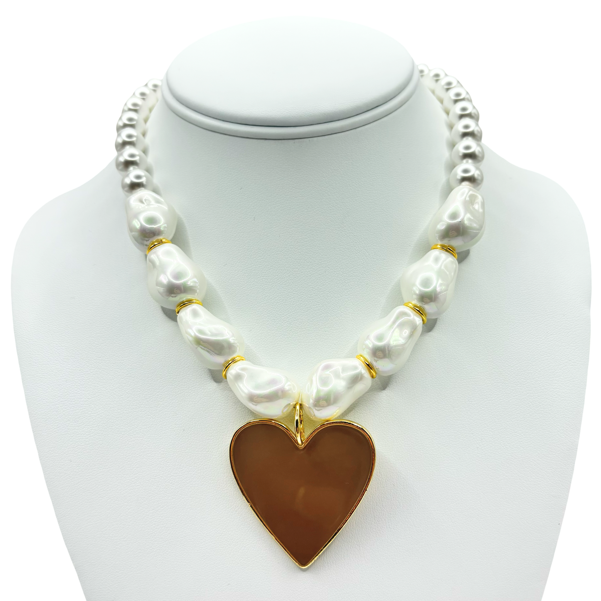 Faux pearl necklace with a brown heart pendant with gold accents by HOLST+LEE