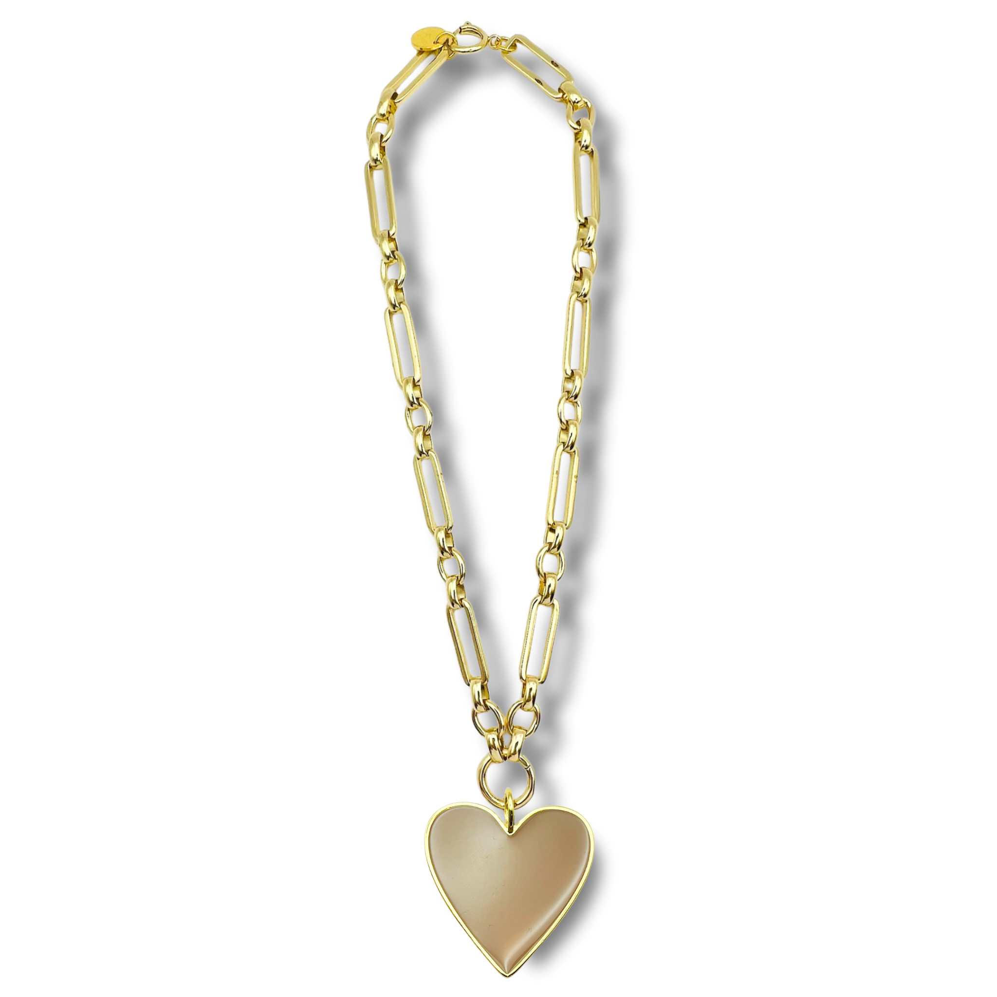 Taupe chunky link chain necklace with large gold heart pendant by HOLST+LEE