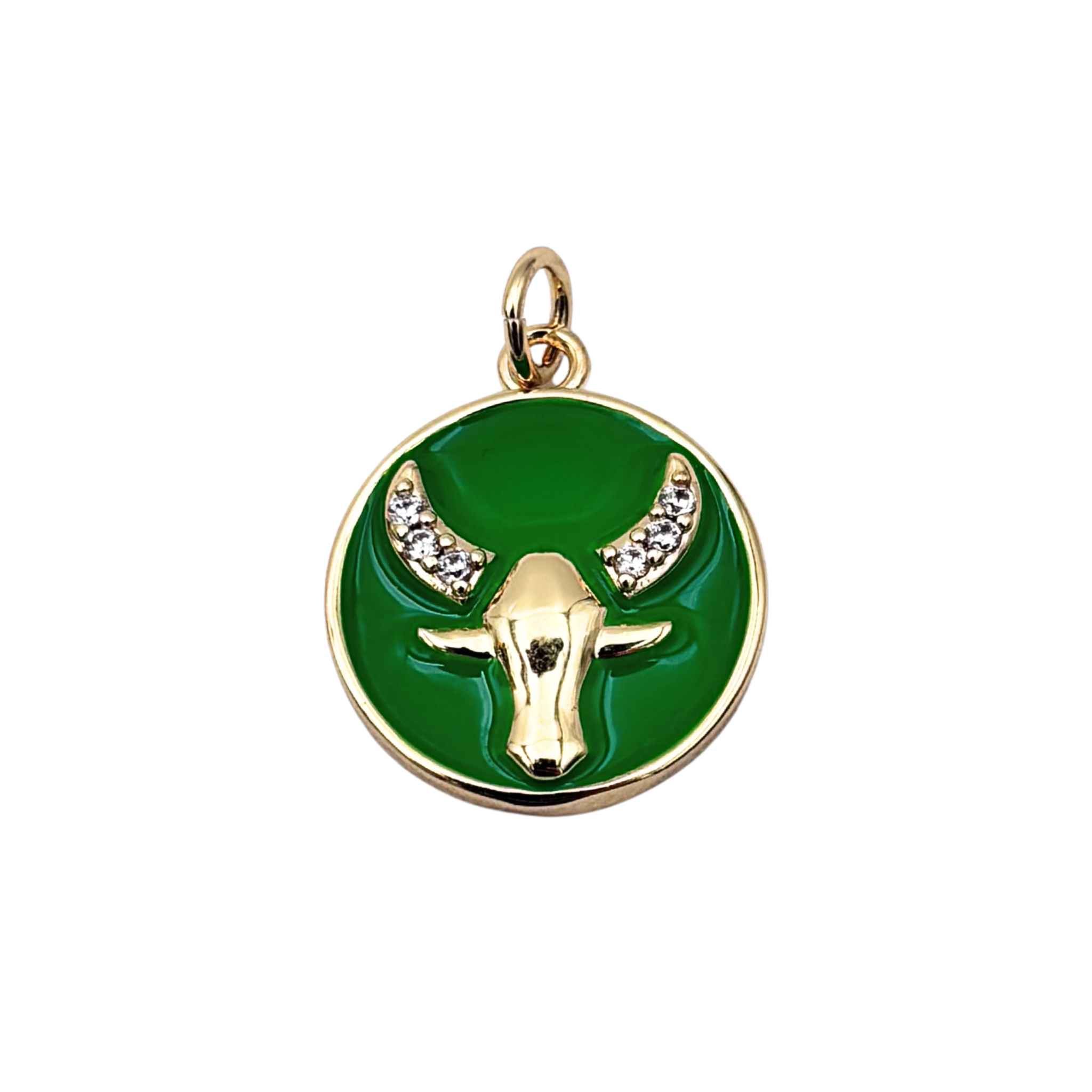 Taurus zodiac charm with green enamel disc, gold bull symbol, and crystal accent details by HOLST+LEE