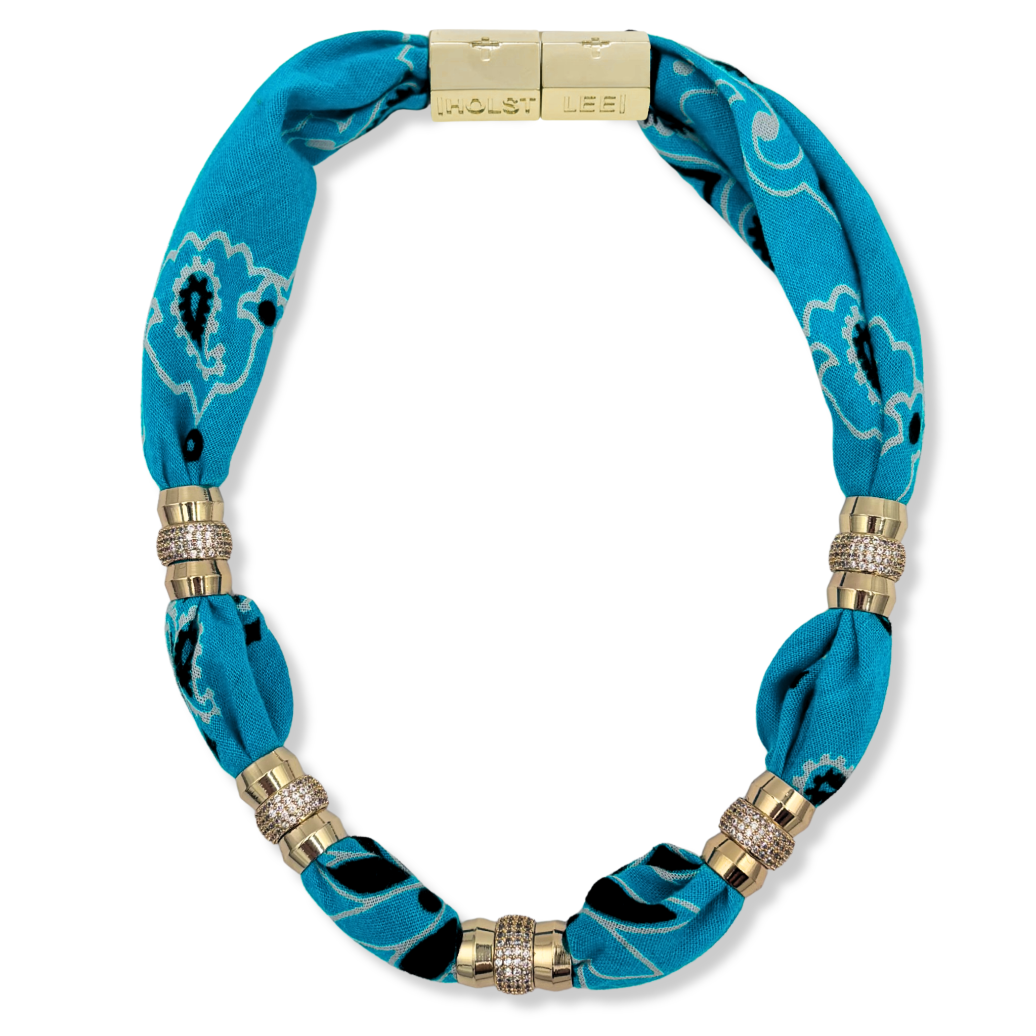 Teal blue bandana print fabric necklace with 18K gold-filled magnetic clasped necklace and pavé crystal ferrule by HOLST+LEE
