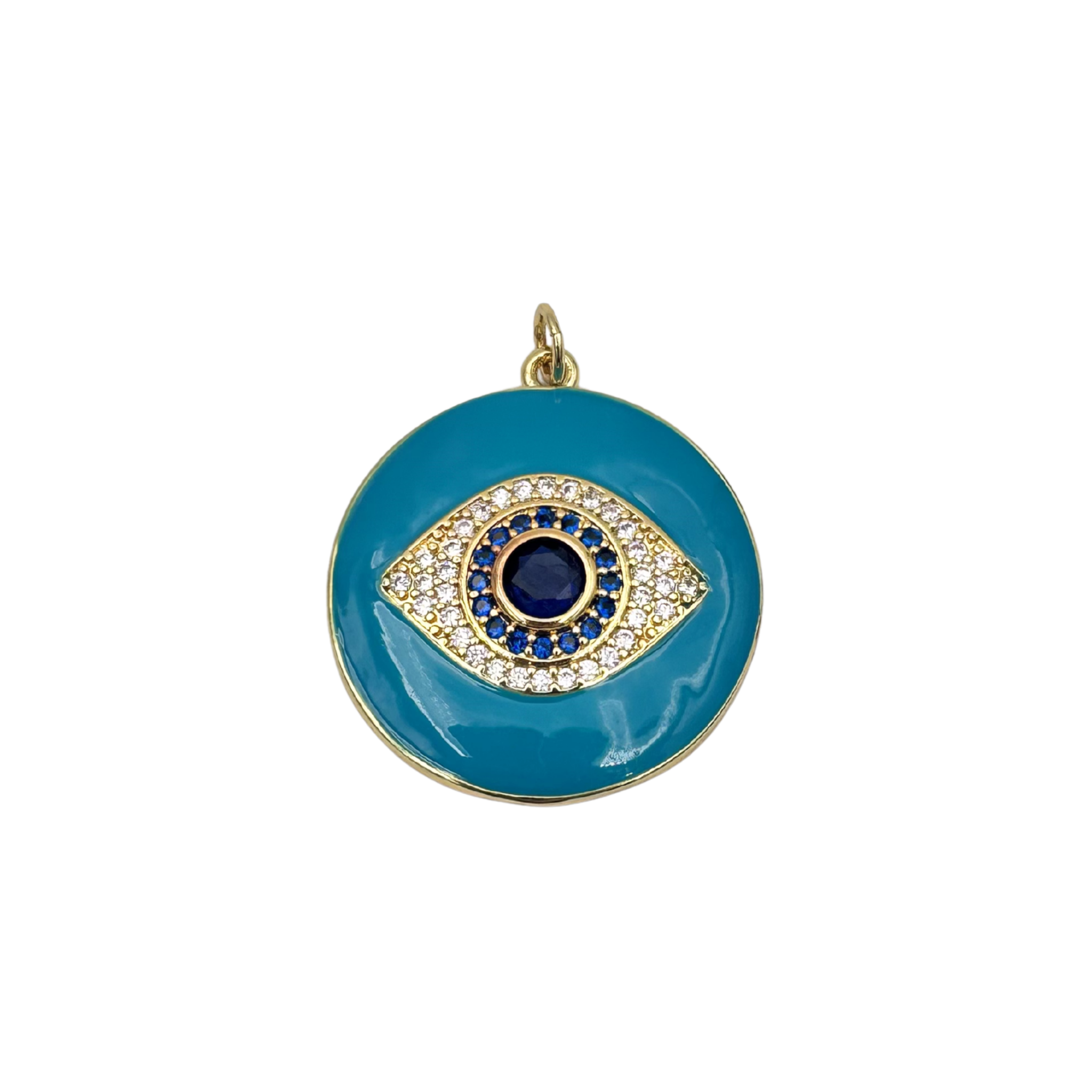 Teal blue enamel evil eye charm with sapphire and pavé diamond concentric rings with gold charm clasp by HOLST+LEE