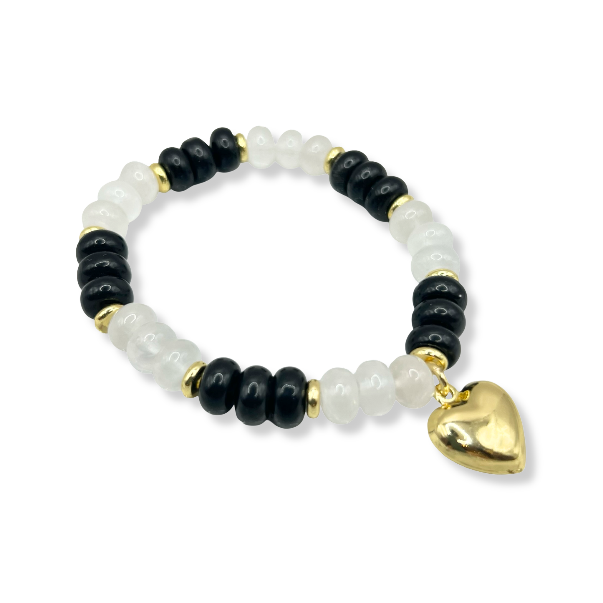 Black and white gemstone beaded necklace with gold accents and gold heart charm by HOLST+LEE