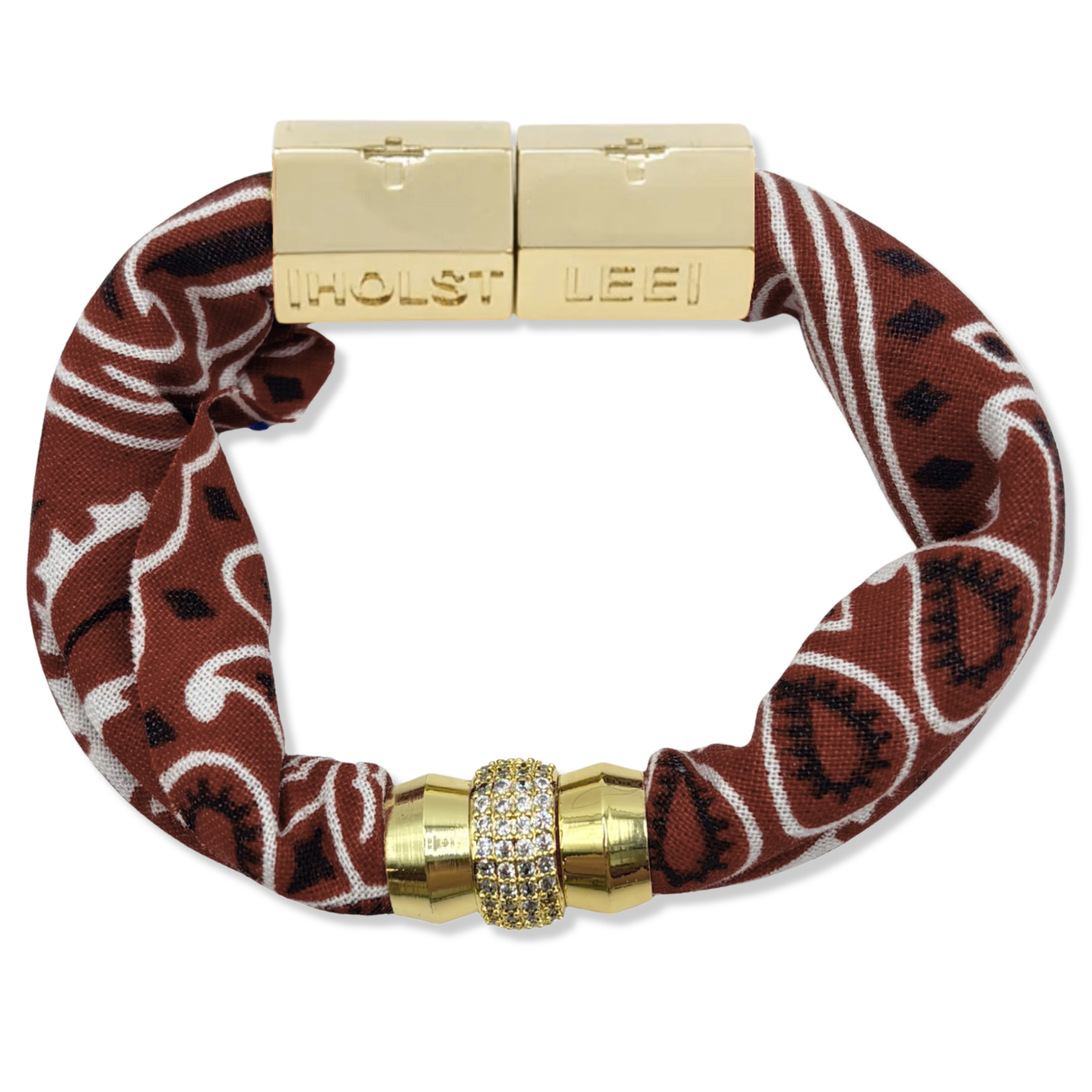 Terracotta red bandana print fabric bracelet with 18K gold-filled magnetic clasped bracelet and pavé crystal ferrule by HOLST+LEE
