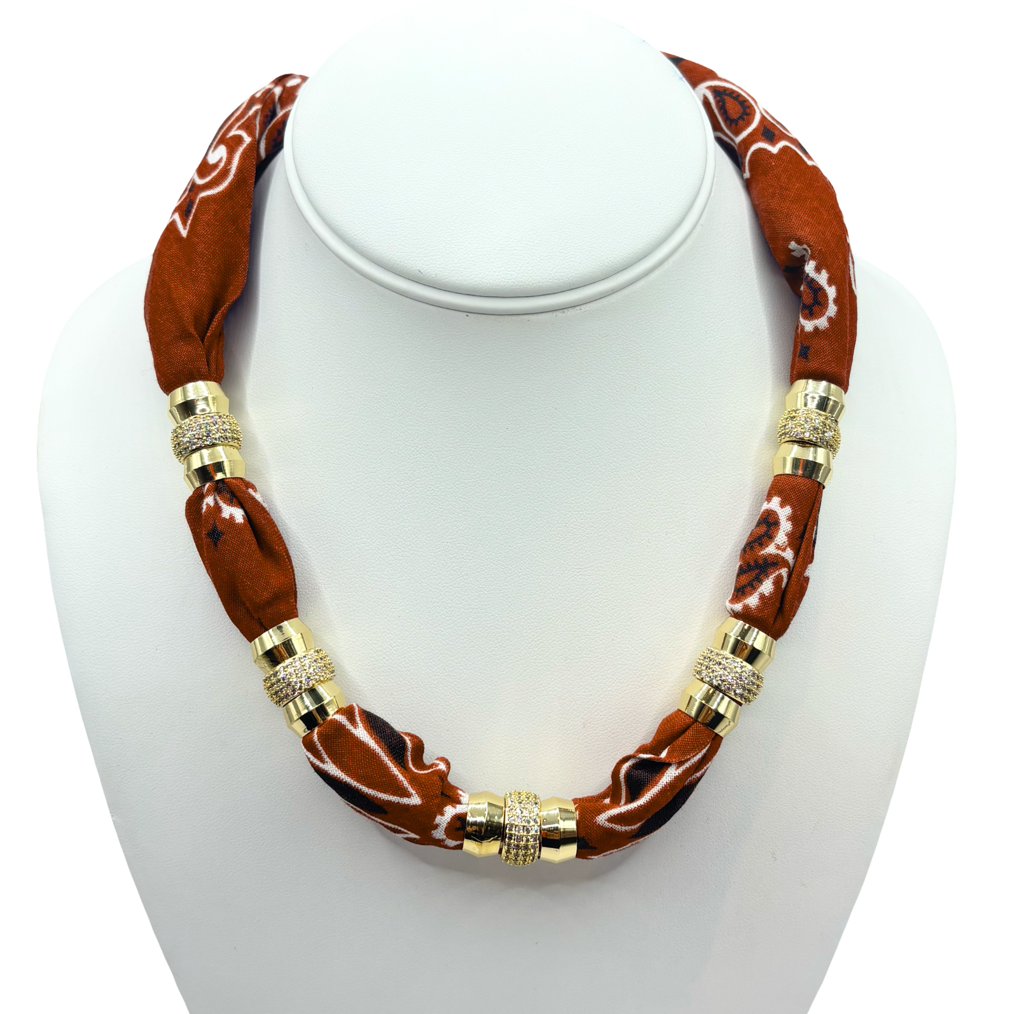 Terracotta red bandana print fabric necklace with 18K gold-filled magnetic clasped necklace and pavé crystal ferrule by HOLST+LEE