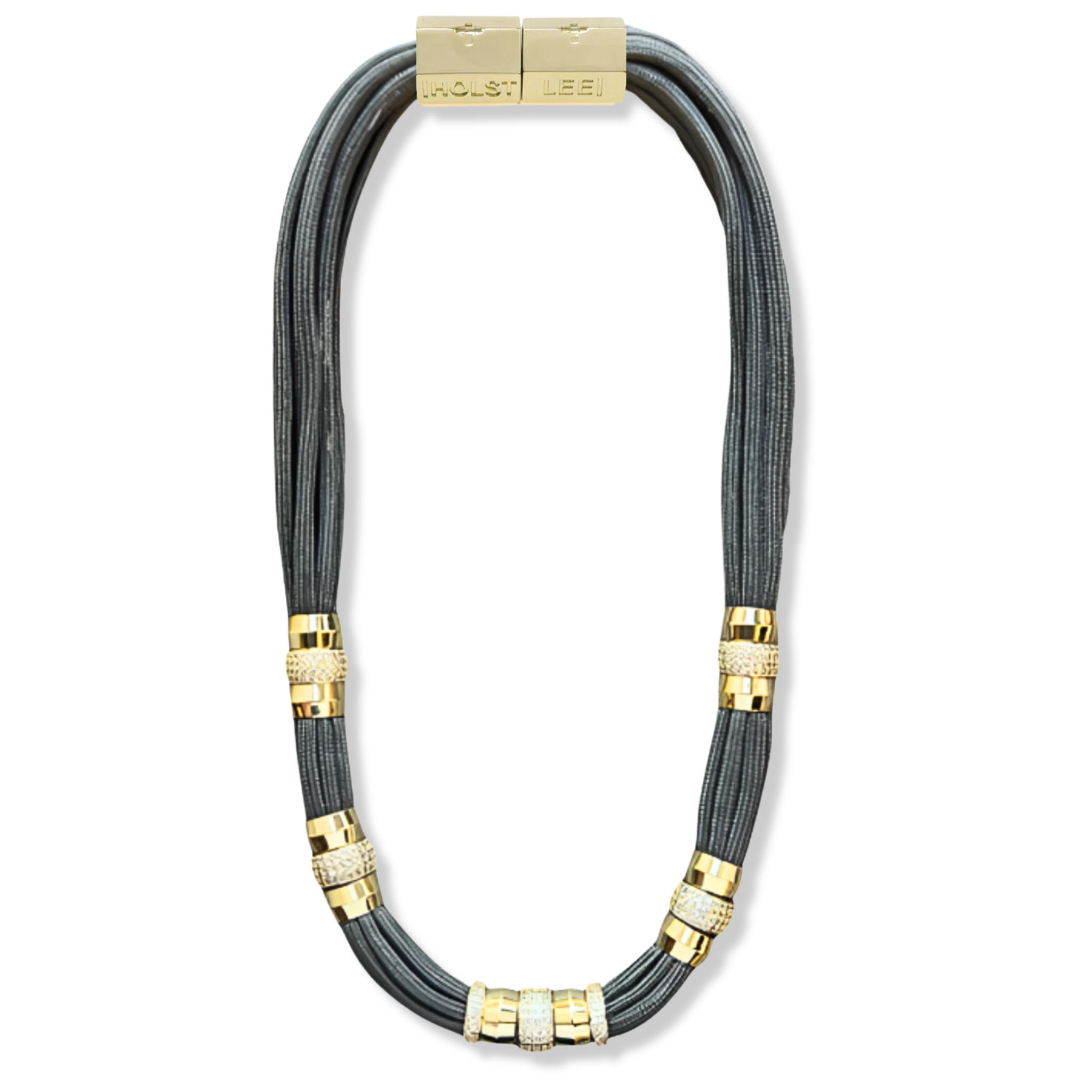 Grey paracord necklace with pavé ferrule accents and gold magnetic clasped necklace by HOLST+LEE