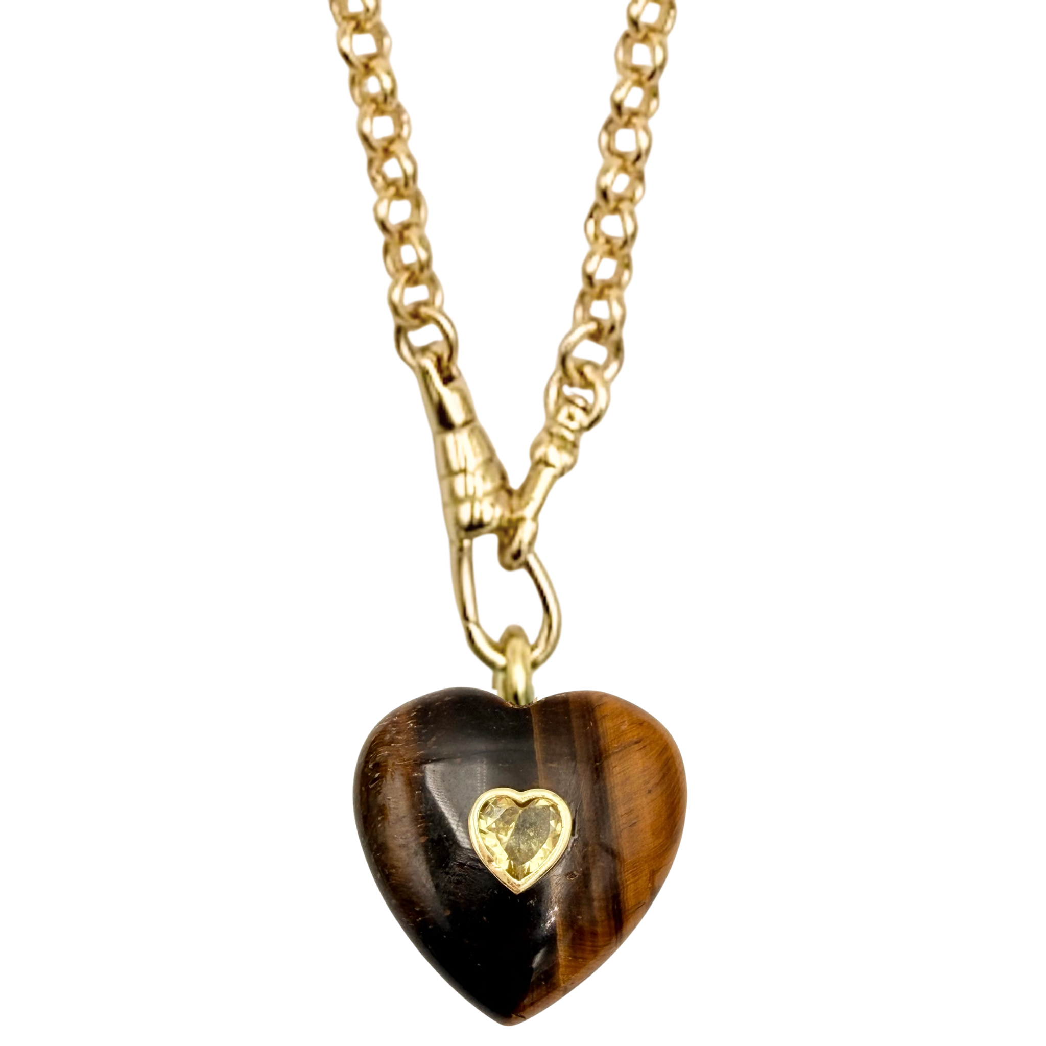 Gold rolo chain necklace with tigers eye  heart pendant by HOLST+LEE