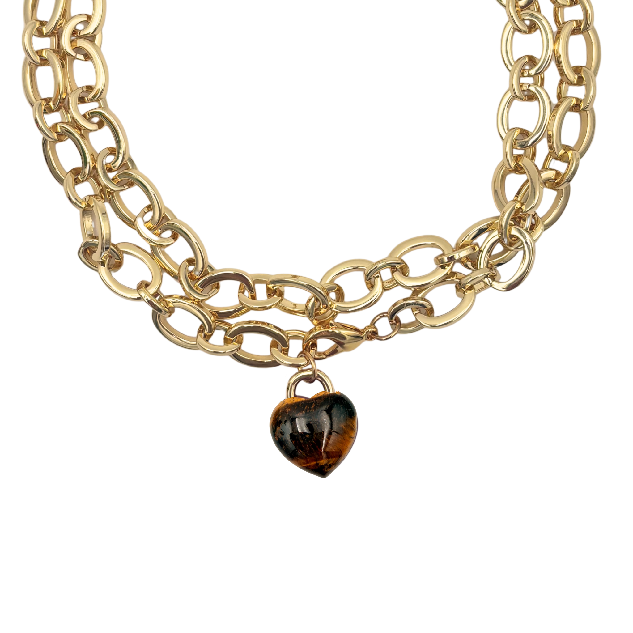 Chunky gold oval chain link necklace with tigers eye heart pendant by HOLST+LEE