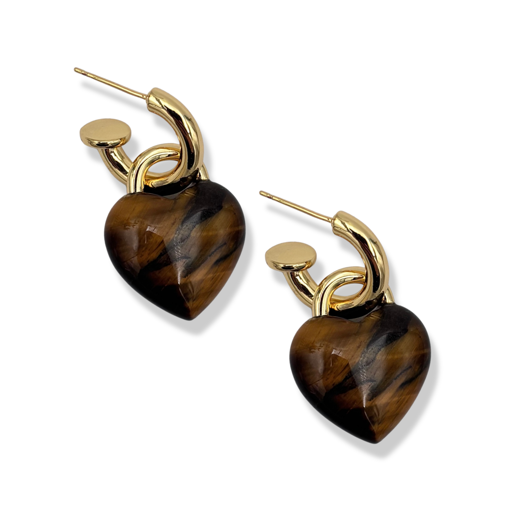 Heart-shaped semi-precious tigers eye stone drop earrings with gold padlock-style hoop by HOLST+LEE
