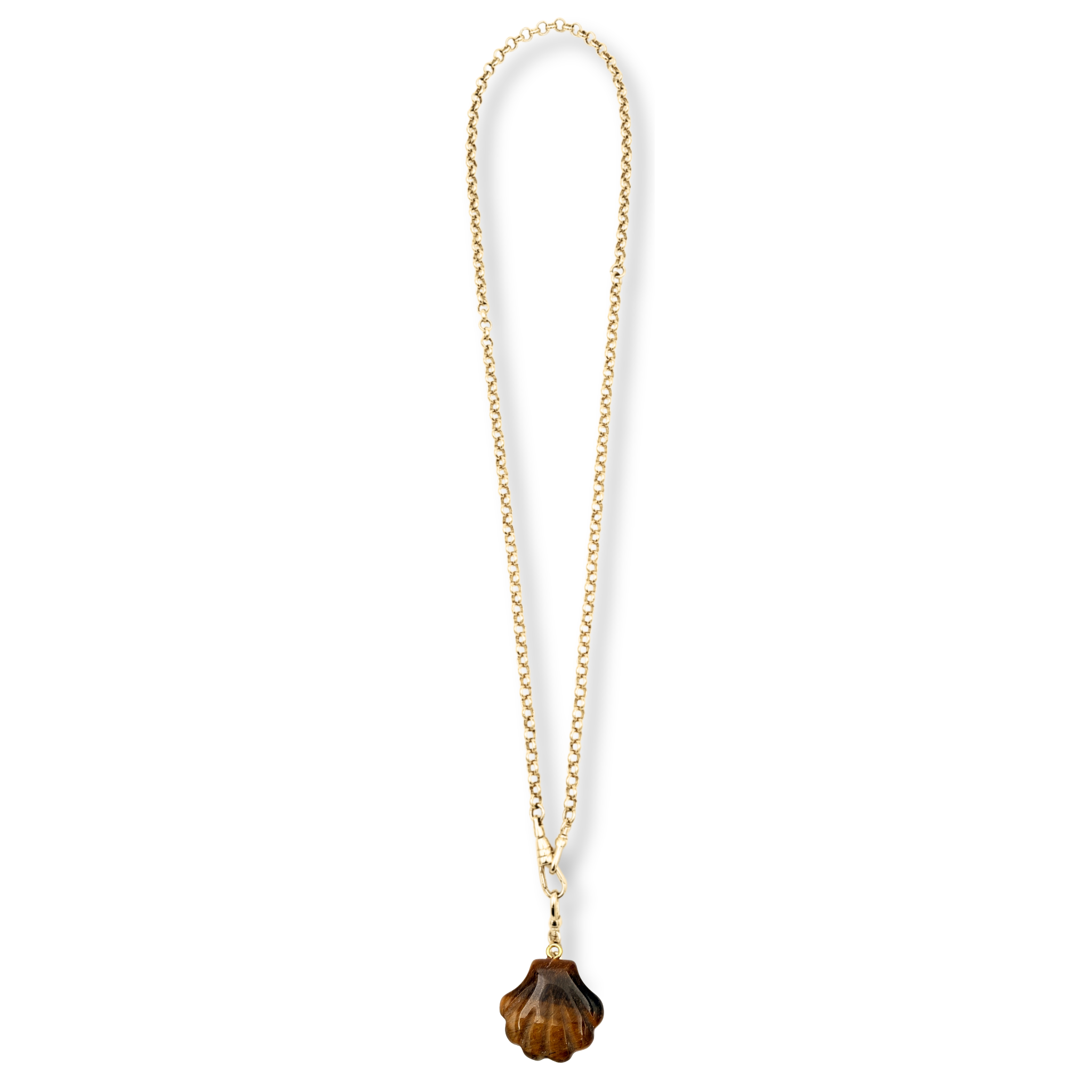 Gold rolo chain necklace with carved tigers eye shell pendant by HOLST+LEE