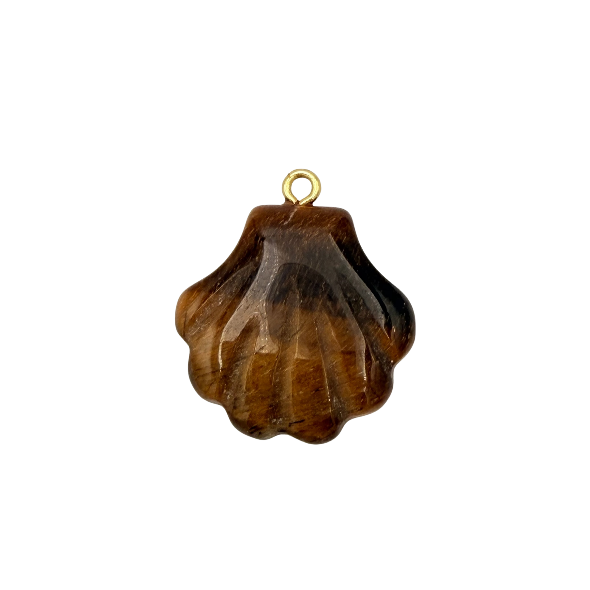 Tigers Eye carved scallop shell charm with polished stone finish by HOLST+LEE