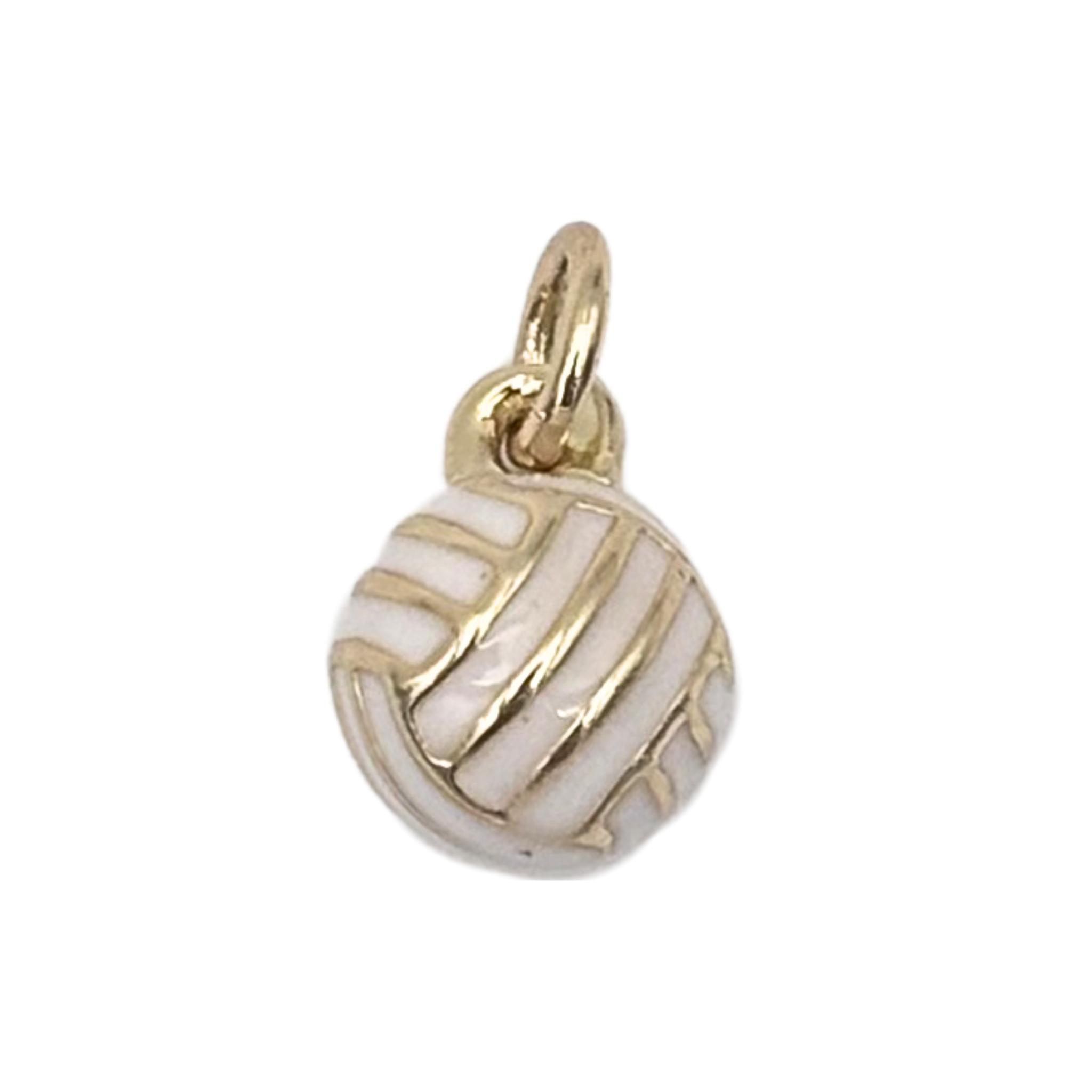 Tiny gold volleyball charm with bright white enamel body and gold seam lines by HOLST+LEE