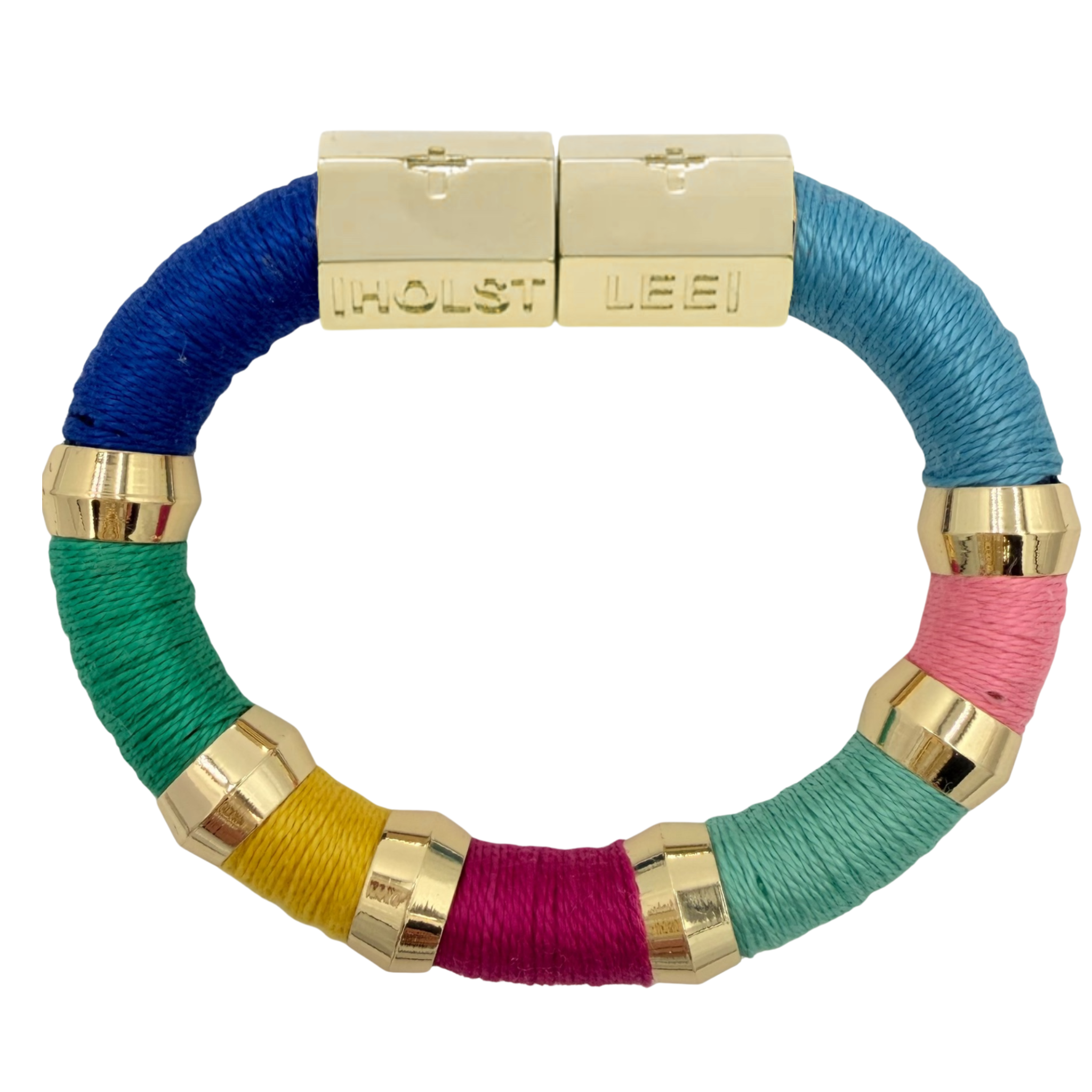Blue, pink, yellow, and green thread wrapped bracelet with gold magnetic clasped bracelet and gold ferrules by HOLST+LEE 