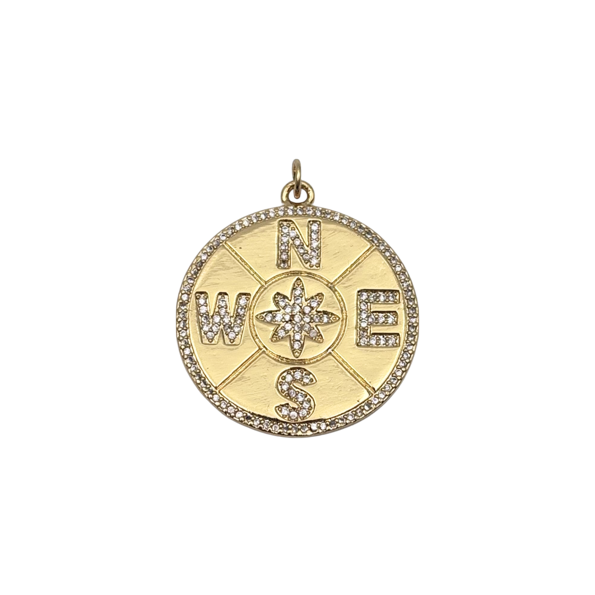 Gold round compass pendant with pavé crystal N/S/E/W lettering, crystal star center, brushed face by HOLST+LEE