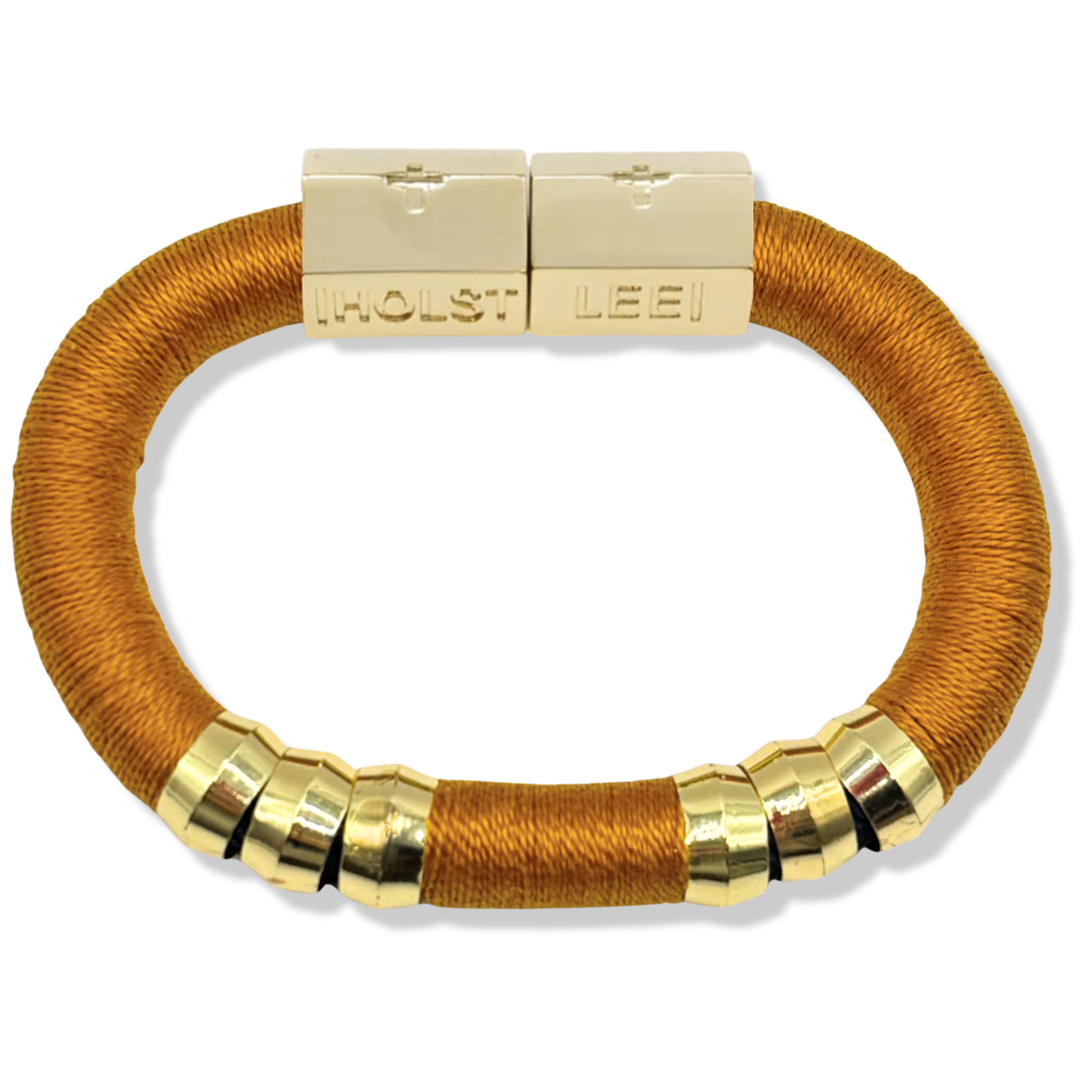 Turmeric orange thread wrapped bracelet with 18K gold-filled magnetic clasped bracelet and gold ferrule accents by HOLST+LEE