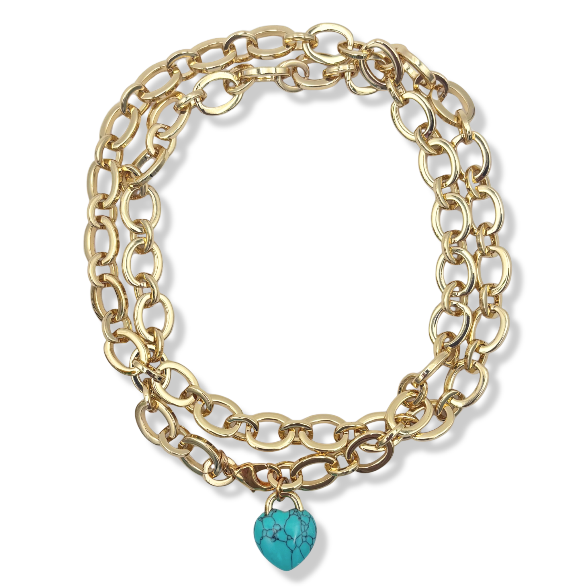 Chunky gold oval chain link necklace with turquoise heart pendant by HOLST+LEE