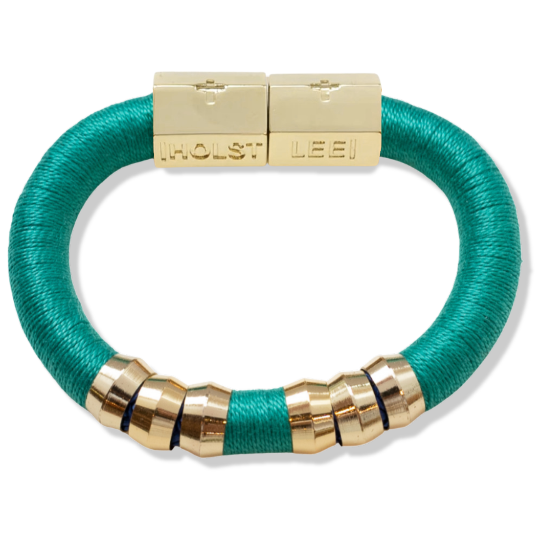 Turquoise blue thread wrapped bracelet with 18K gold-filled magnetic clasped bracelet and gold ferrule accents by HOLST+LEE