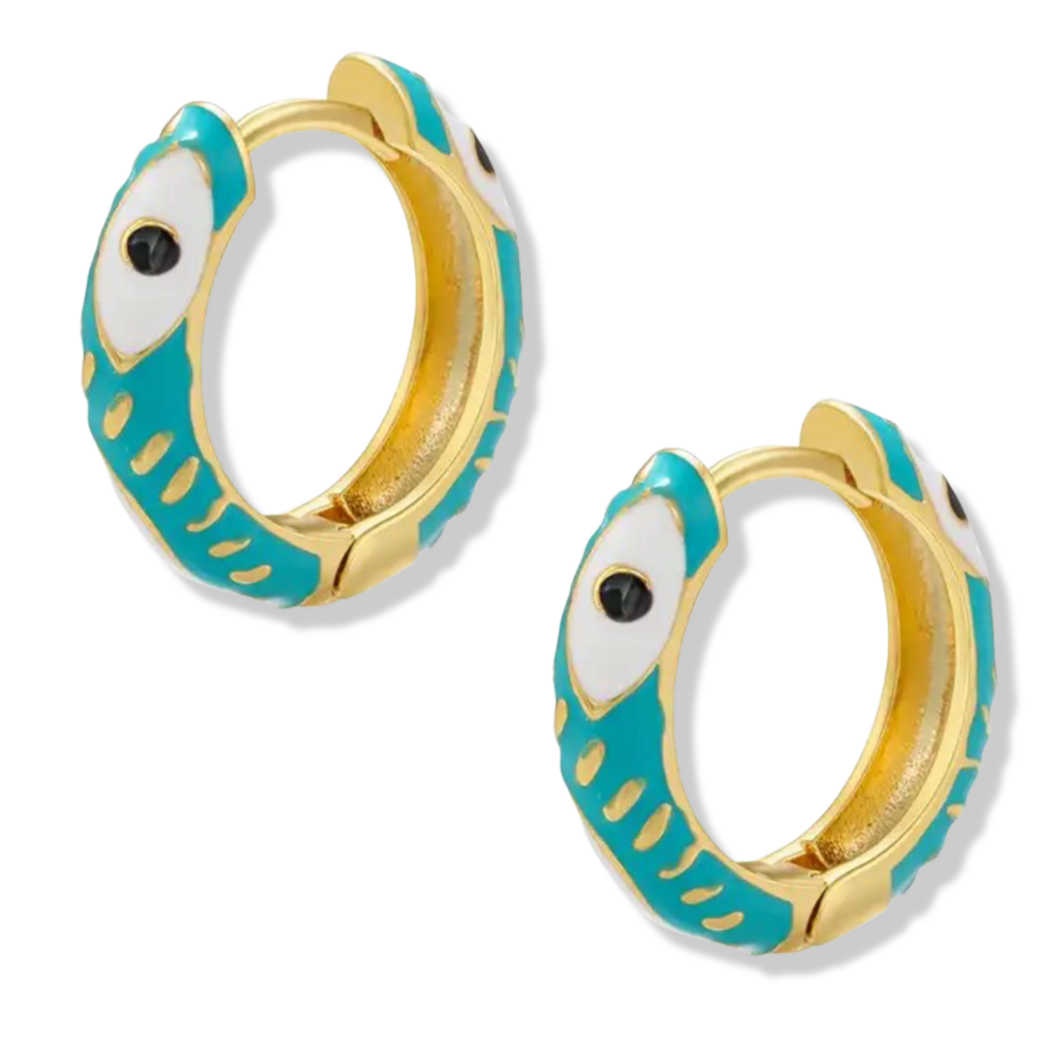 Turquoise and white evil eye enamel huggie hoop earrings by HOLST+LEE