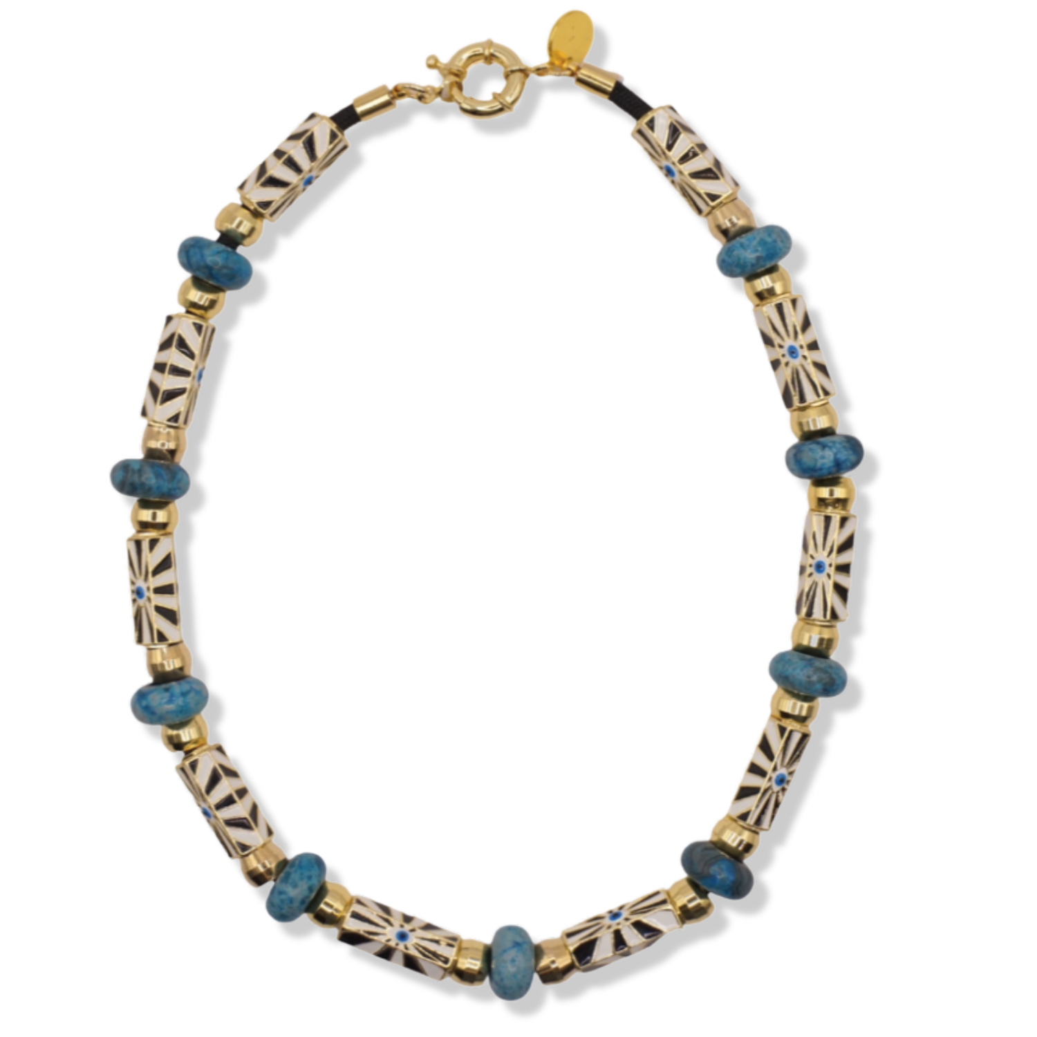 Black and white evil eye necklace with rectangular enamel evil eye beads, blue semi-precious beads, gold rondelle spacers, and gold ring clasp by HOLST+LEE