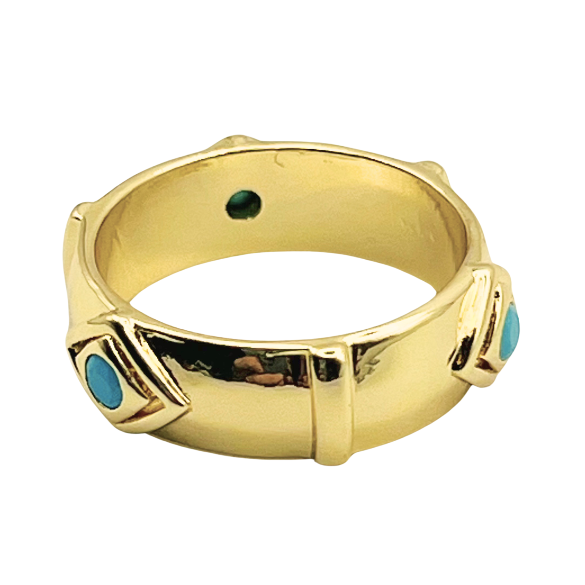 Gold ring with evil eye designs with embedded stones as pupils by HOLST+LEE