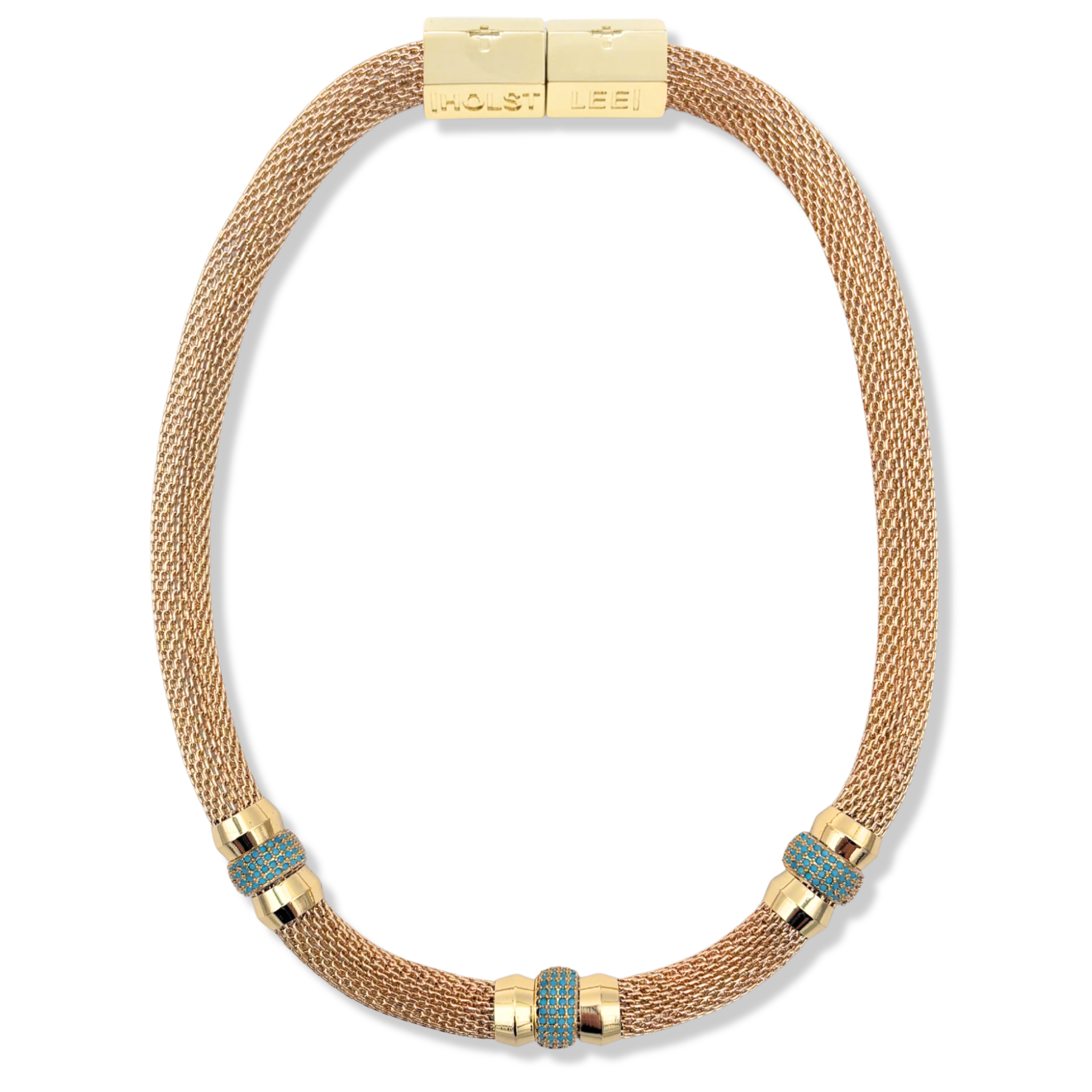 Gold woven mesh necklace with pavé crystal ferrule stack and gold magnetic clasp by HOLST+LEE