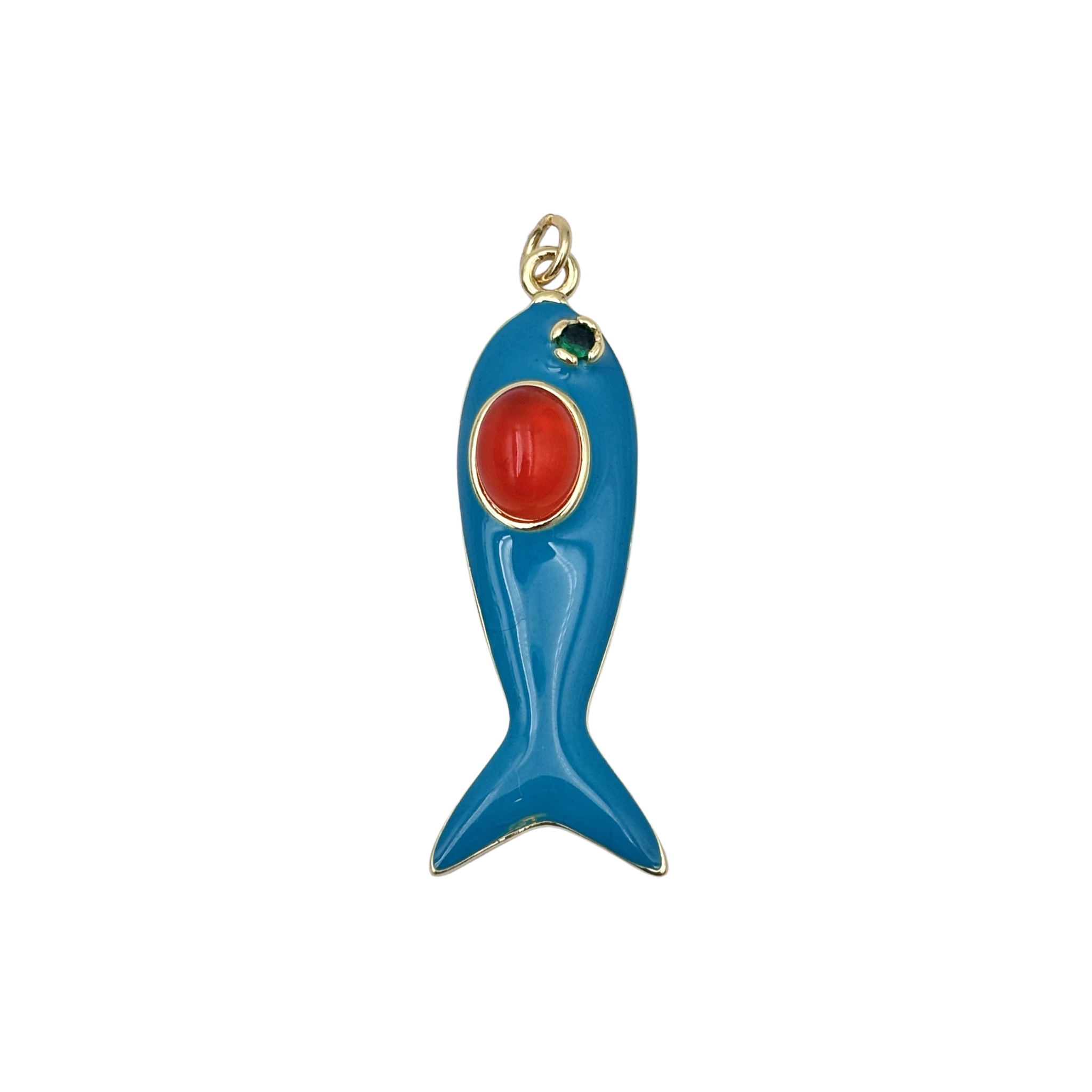 Blue enamel fish pendant with a large oval orange gem body and gold accent details  by HOLST+LEE