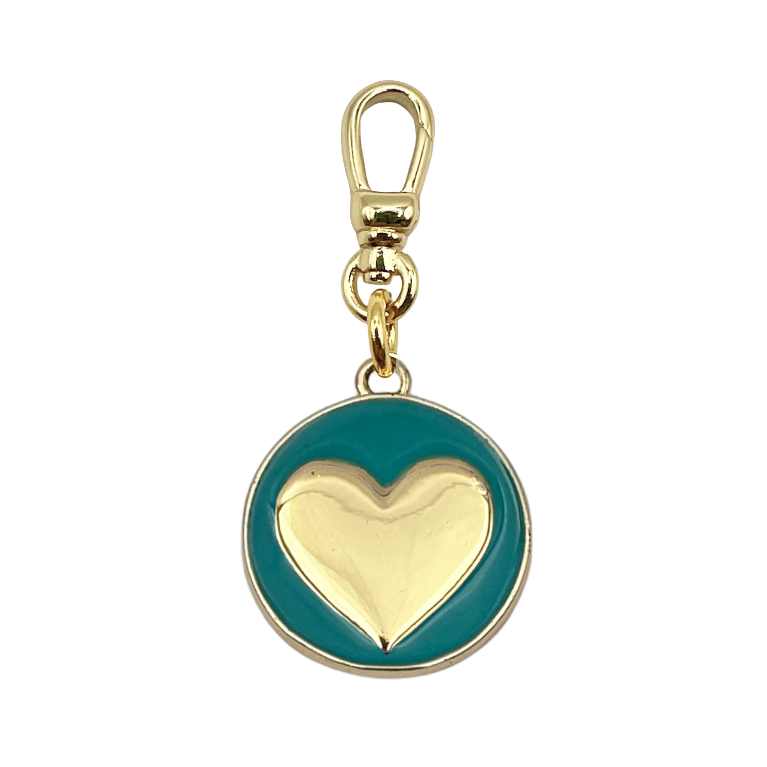 Round turquoise enamel medallion charm with a gold heart center, set in a gold bezel with gold charm clip by HOLST+LEE