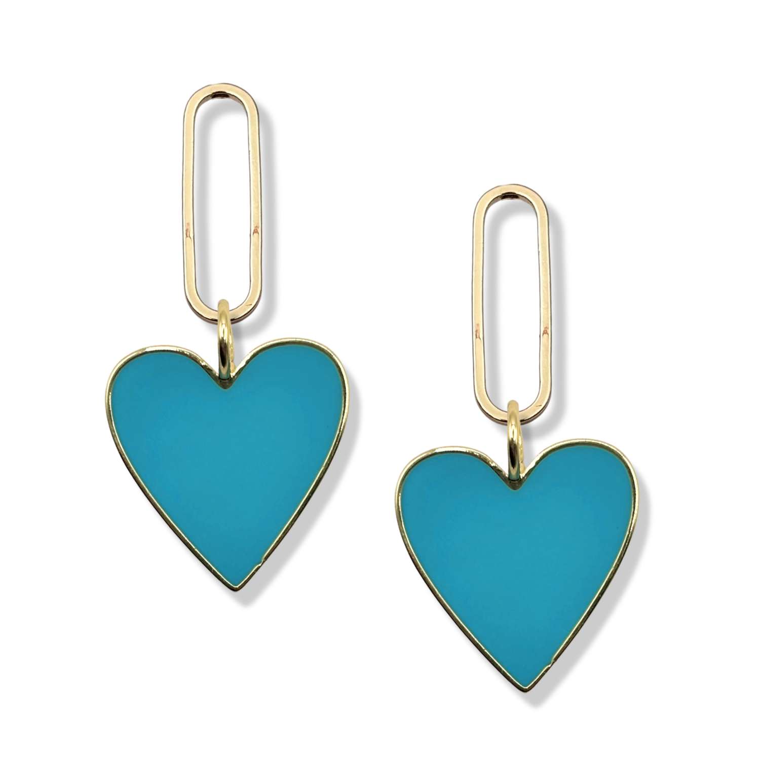 Turquoise enamel heart dangle earrings with gold paperclip oval link topper by HOLST+LEE