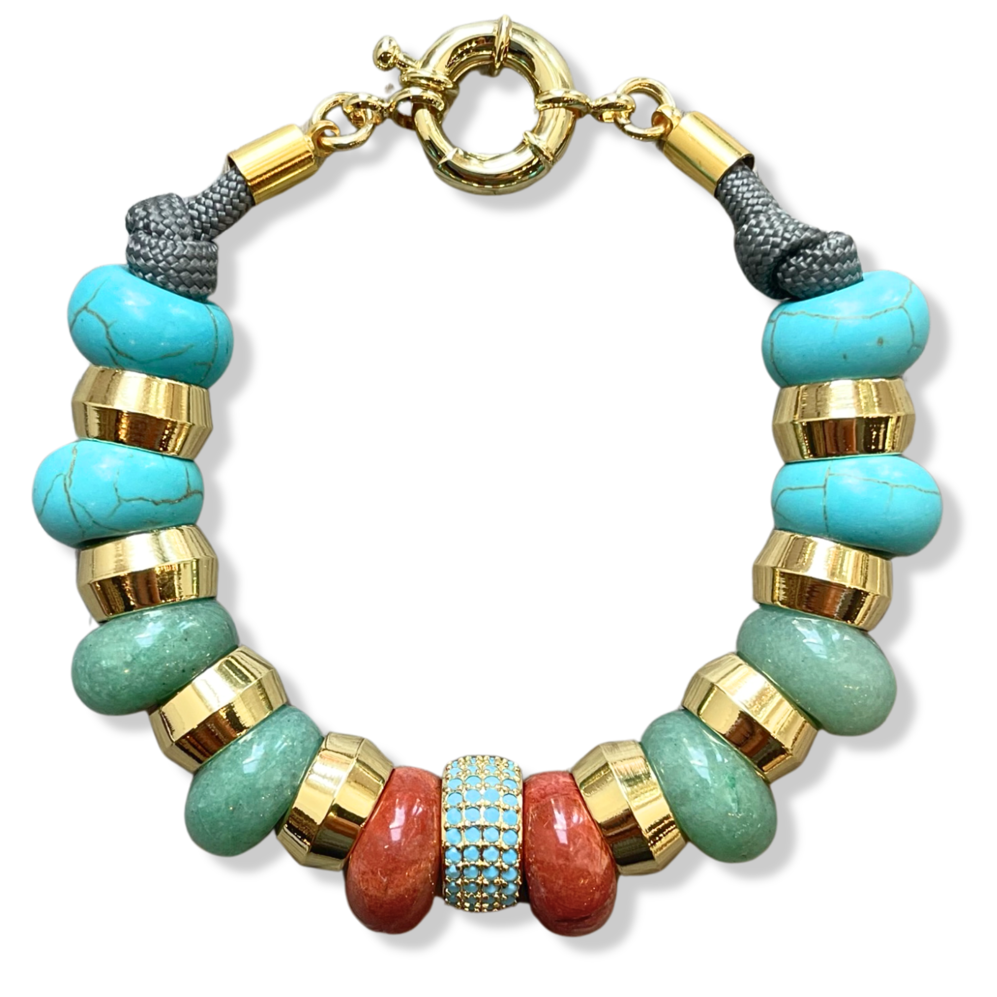 Turquoise, green, red semi-precious gemstone beaded bracelet with gold accents and toggle clasp by HOLST+LEE