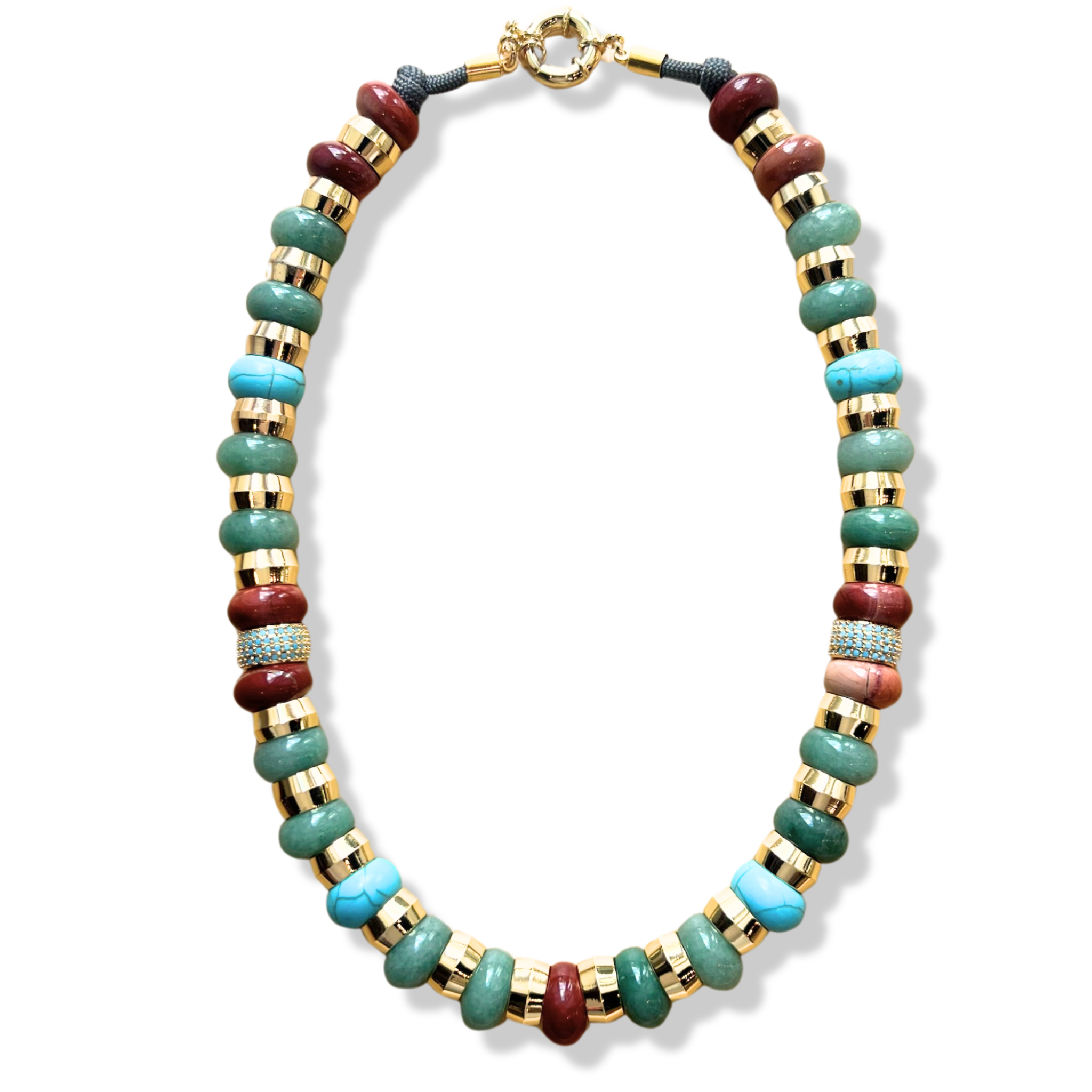green, turquoise, and red semi-precious gemstone beaded necklace with gold accents and toggle clasp by HOLST+LEE
