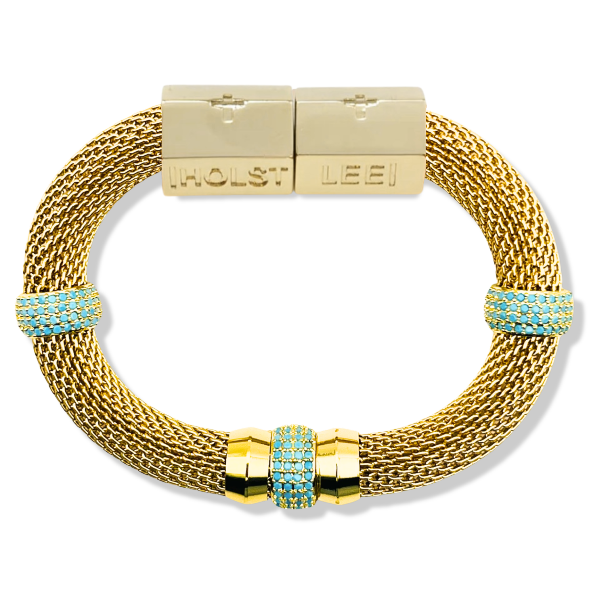 Gold woven mesh bracelet with pavé crystal ferrule stack and gold magnetic clasped bracelet by HOLST+LEE