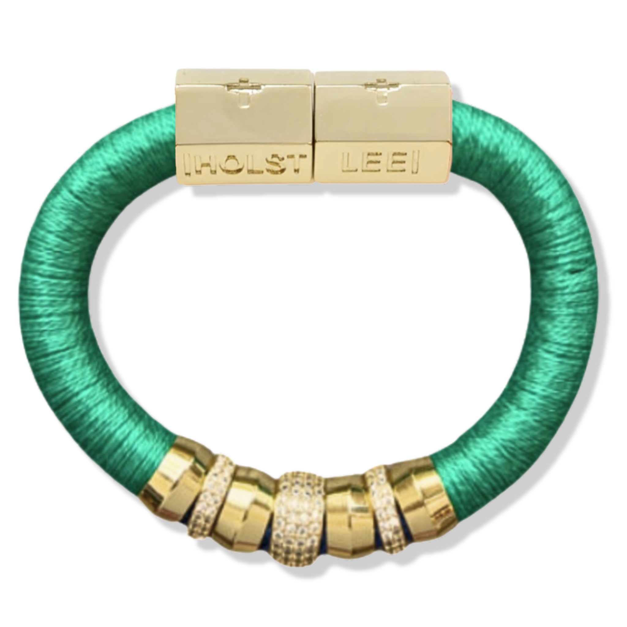 Turquoise blue thread wrapped bracelet with 18K gold-filled magnetic clasped bracelet and pavé crystal ferrule stack by HOLST+LEE