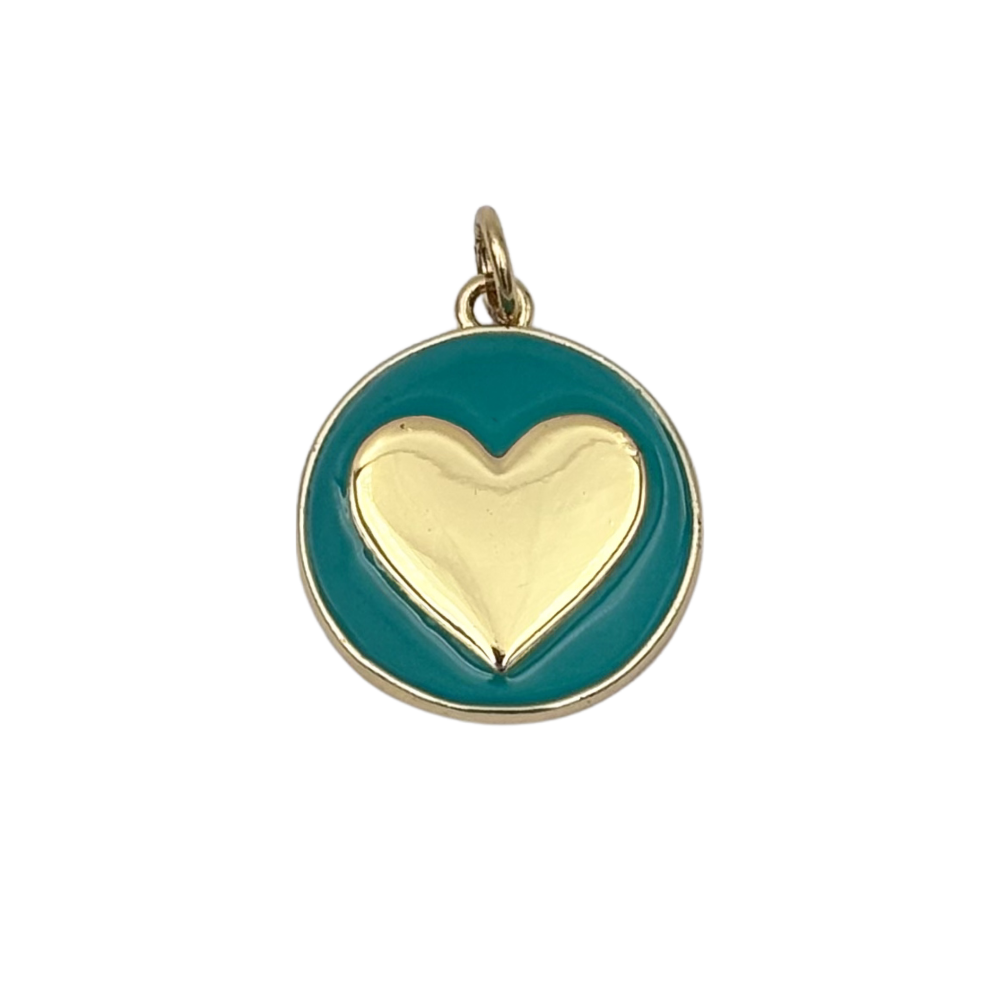 Gold round medallion charm with turquoise enamel face, raised polished gold heart by HOLST+LEE