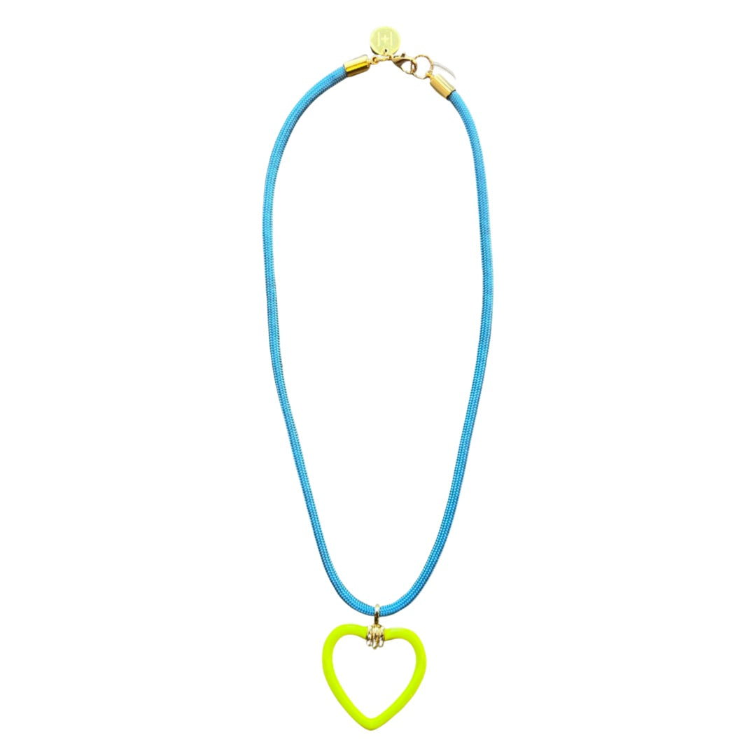 Turquoise colored paracord necklace with  gold-filled and neon yellow enamel heart-shaped charm by HOLST+LEE