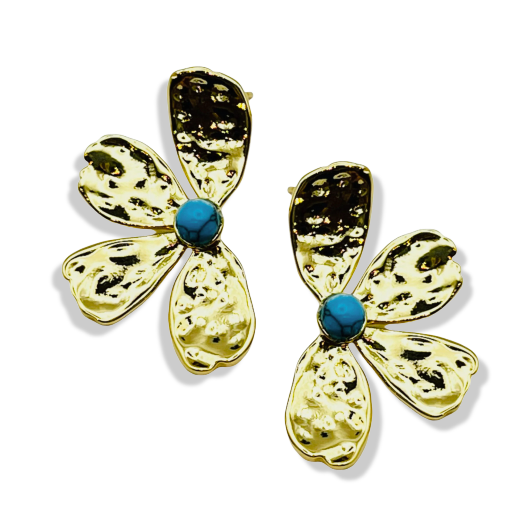 Large hammered gold flower petal stud earrings with turquoise blue center by HOLST+LEE