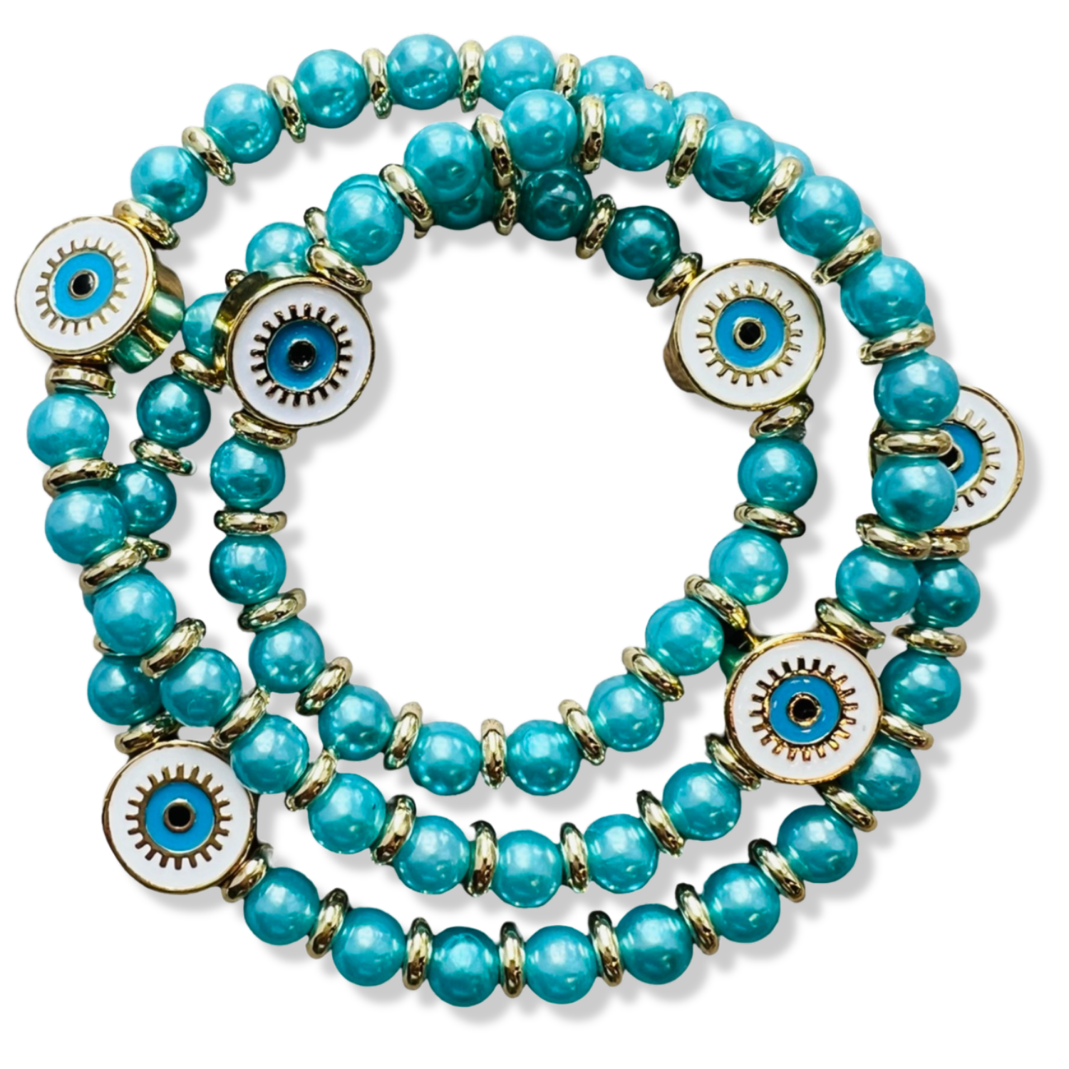 Wrap turquoise pearl and gold rondelle stretch bracelet with white enamel evil eye charms by HOLST+LEE