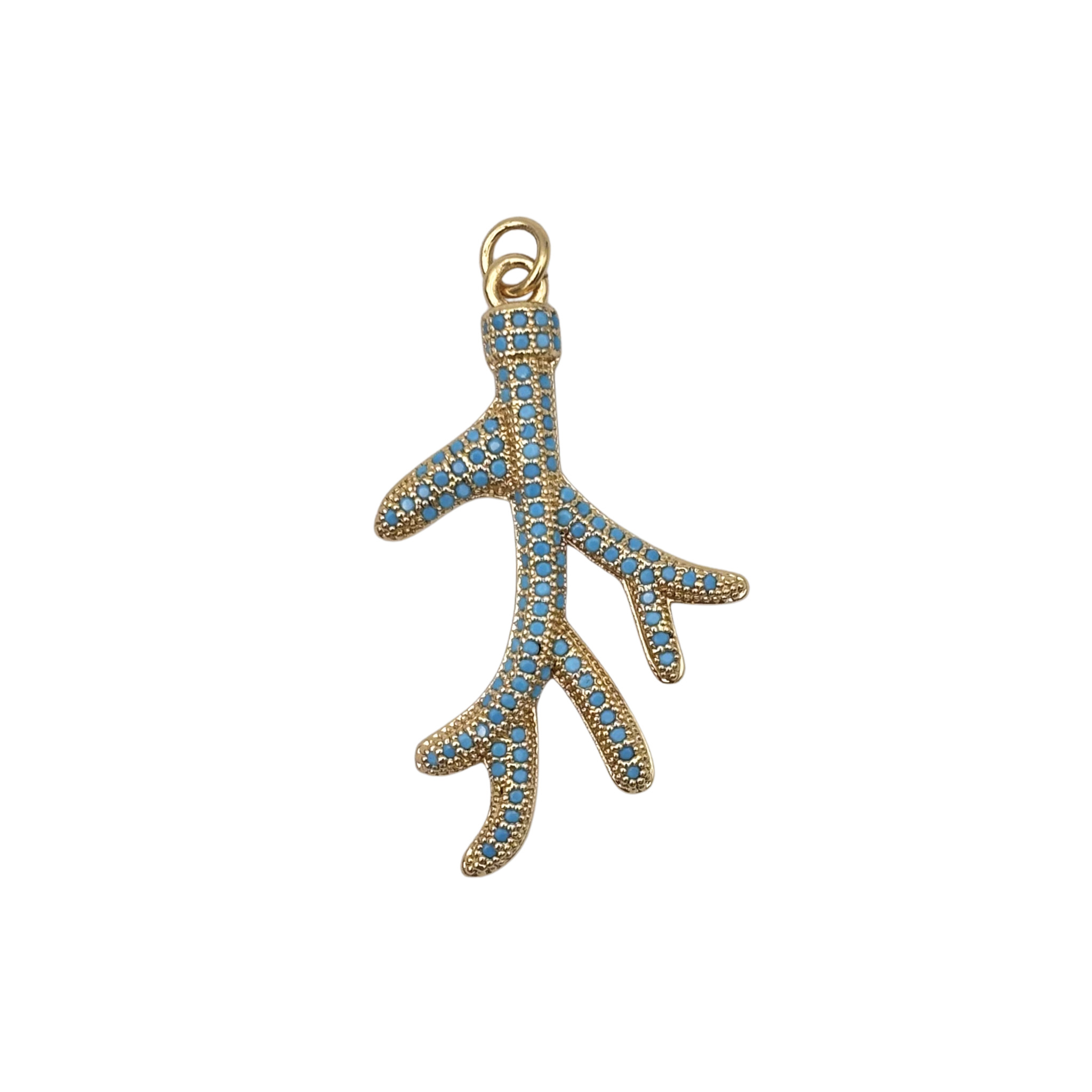 Gold coral branch charm with fully pavé set turquoise rhinestones throughout by HOLST+LEE
