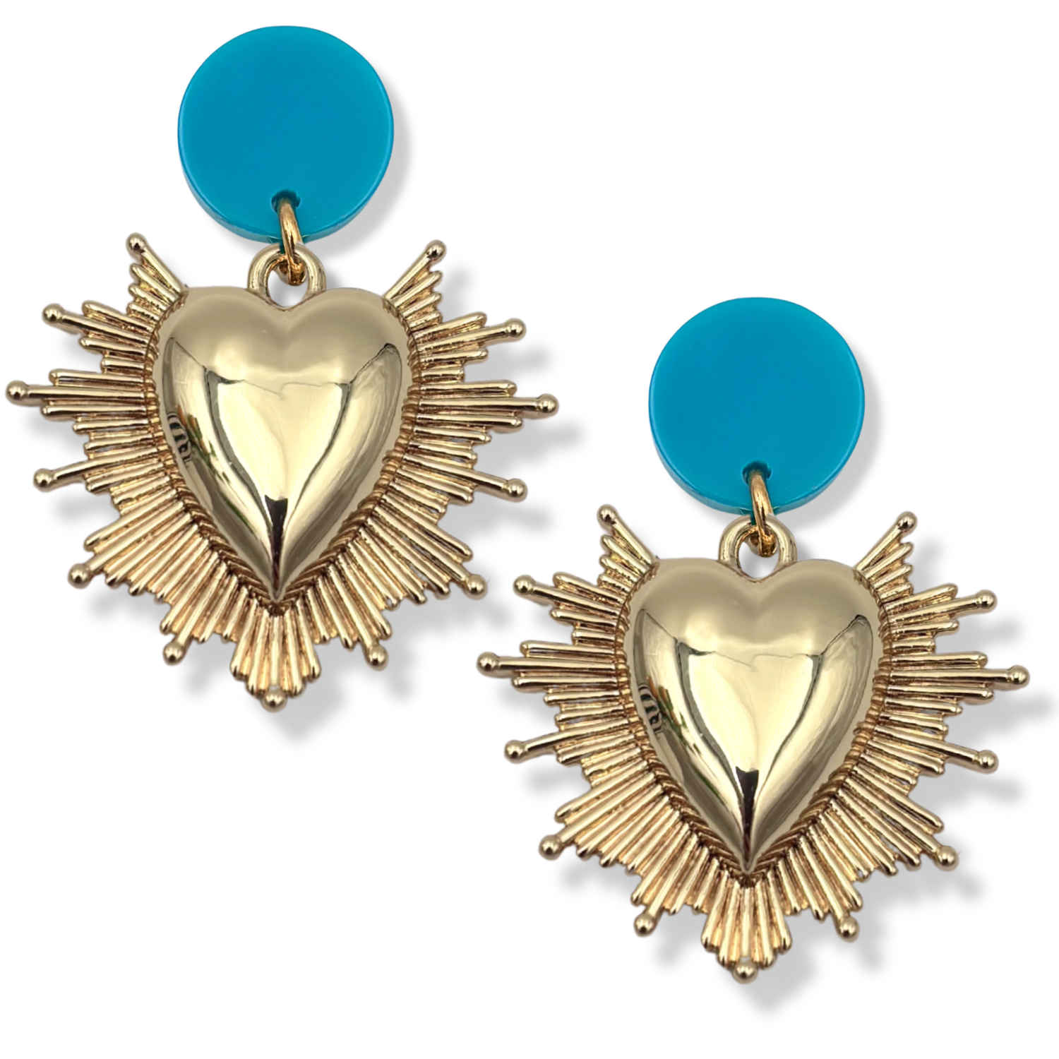 Sacred heart dangle earrings with gold heart, gold spike halo, and turquoise disc stud topper by HOLST+LEE