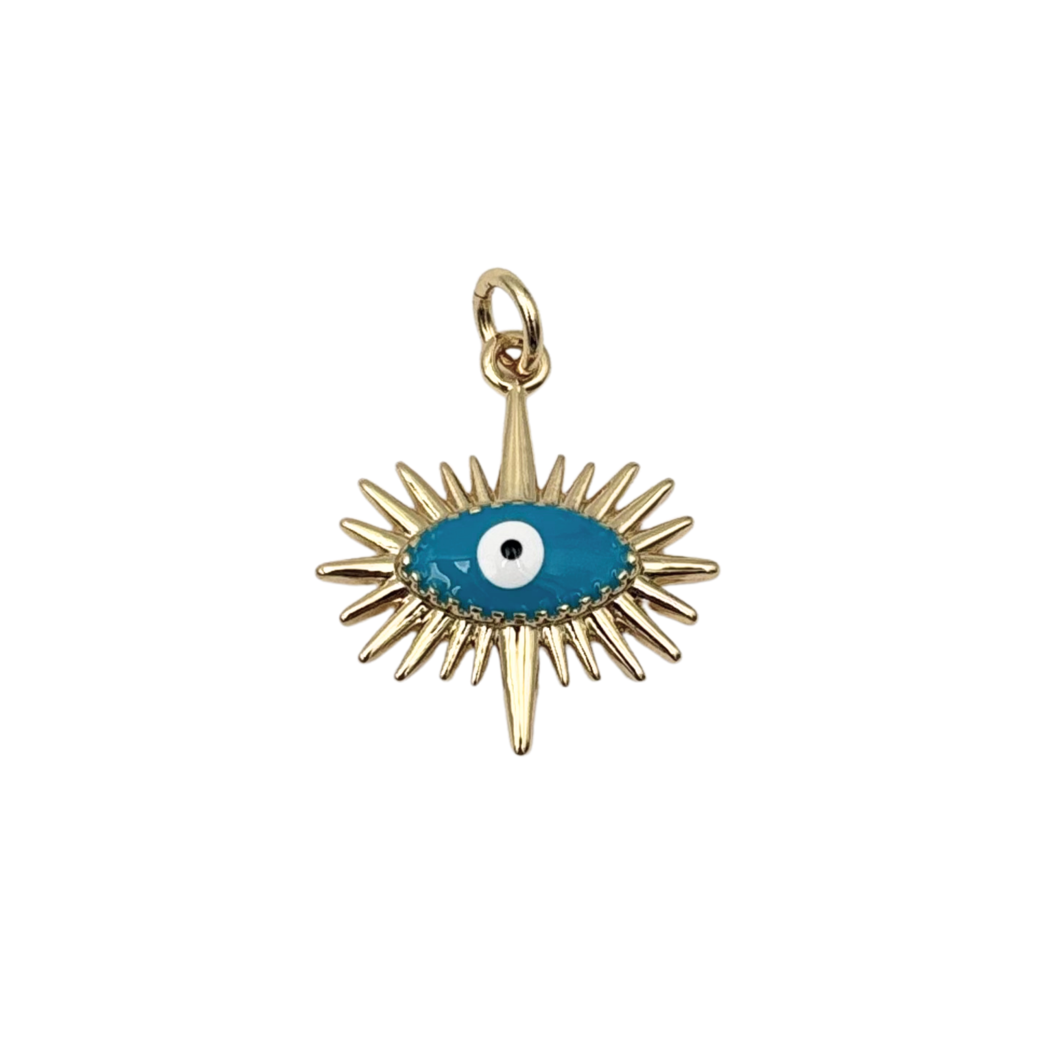 Turquoise evil eye charm with gold spike sunburst rays and black pupil by HOLST+LEE
