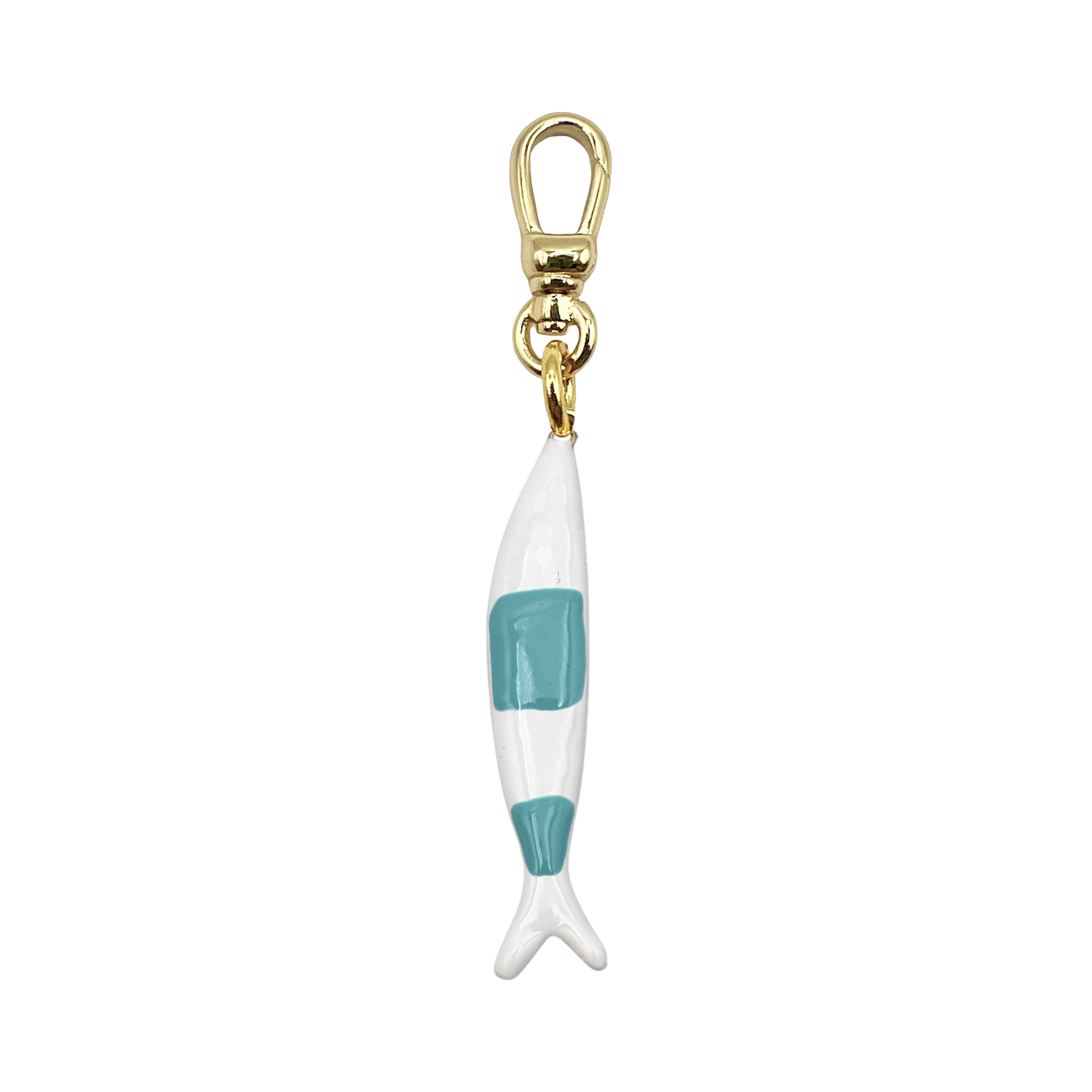 Slim white enamel fish charm with turquoise body stripe with gold charm clip by HOLST+LEE