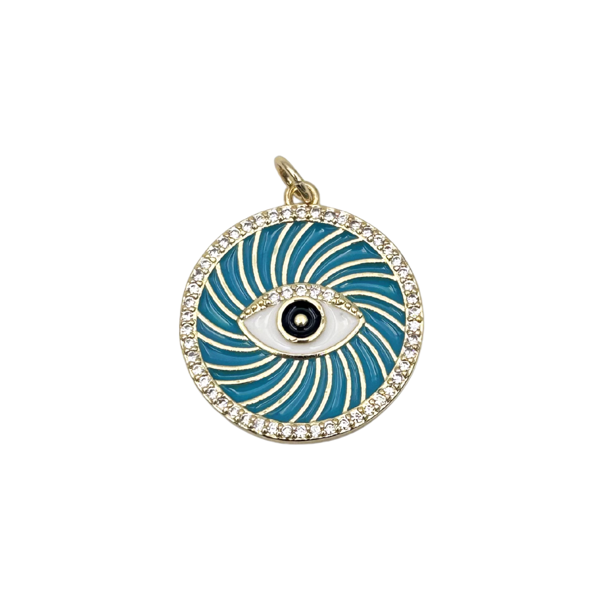 Turquoise enamel evil eye medallion with gold swirl pattern, black eye detail, and pavé diamond halo border by HOLST+LEE