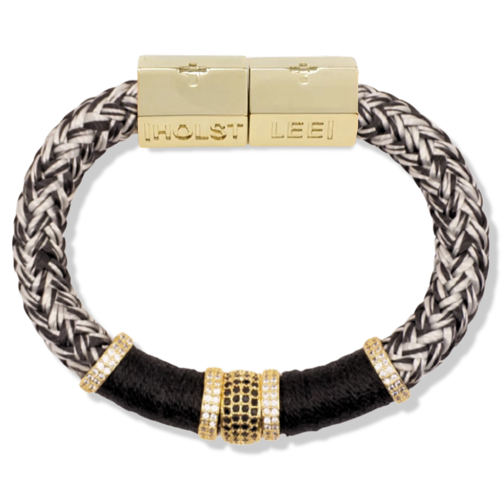 Black and white braided rope and khaki thread wrapped colorblock bracelet with pavé crystal ferrule stack and gold magnetic clasped bracelet by HOLST+LEE