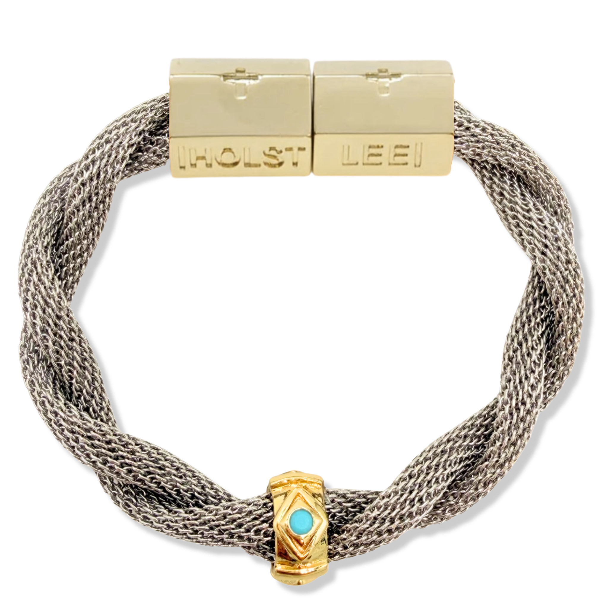 Silver twisted mesh bracelet with turquoise evil eye ferrule and gold magnetic clasped bracelet by HOLST+LEE