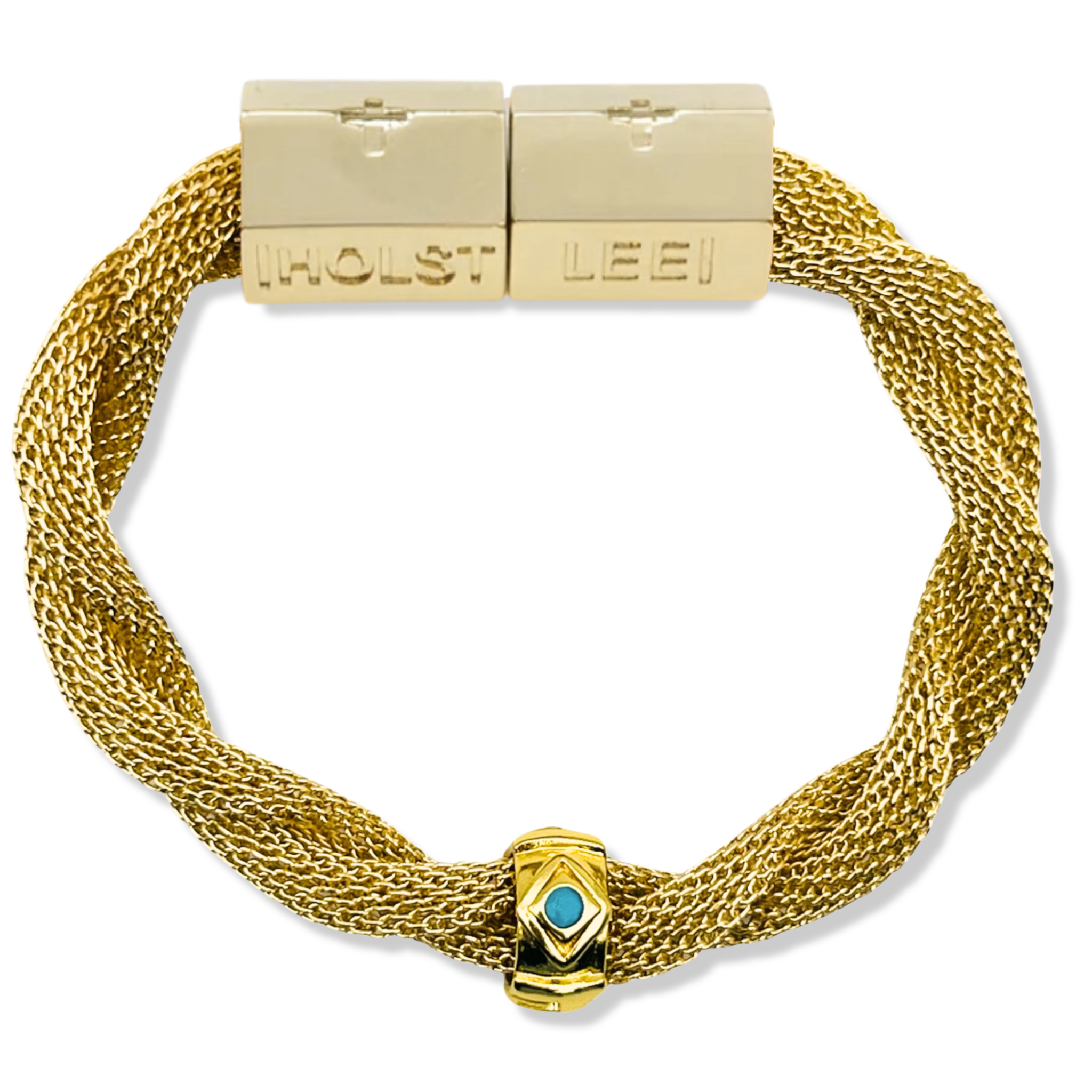 Gold twisted mesh bracelet with turquoise   evil eye ferrule accents and gold magnetic clasped bracelet by HOLST+LEE